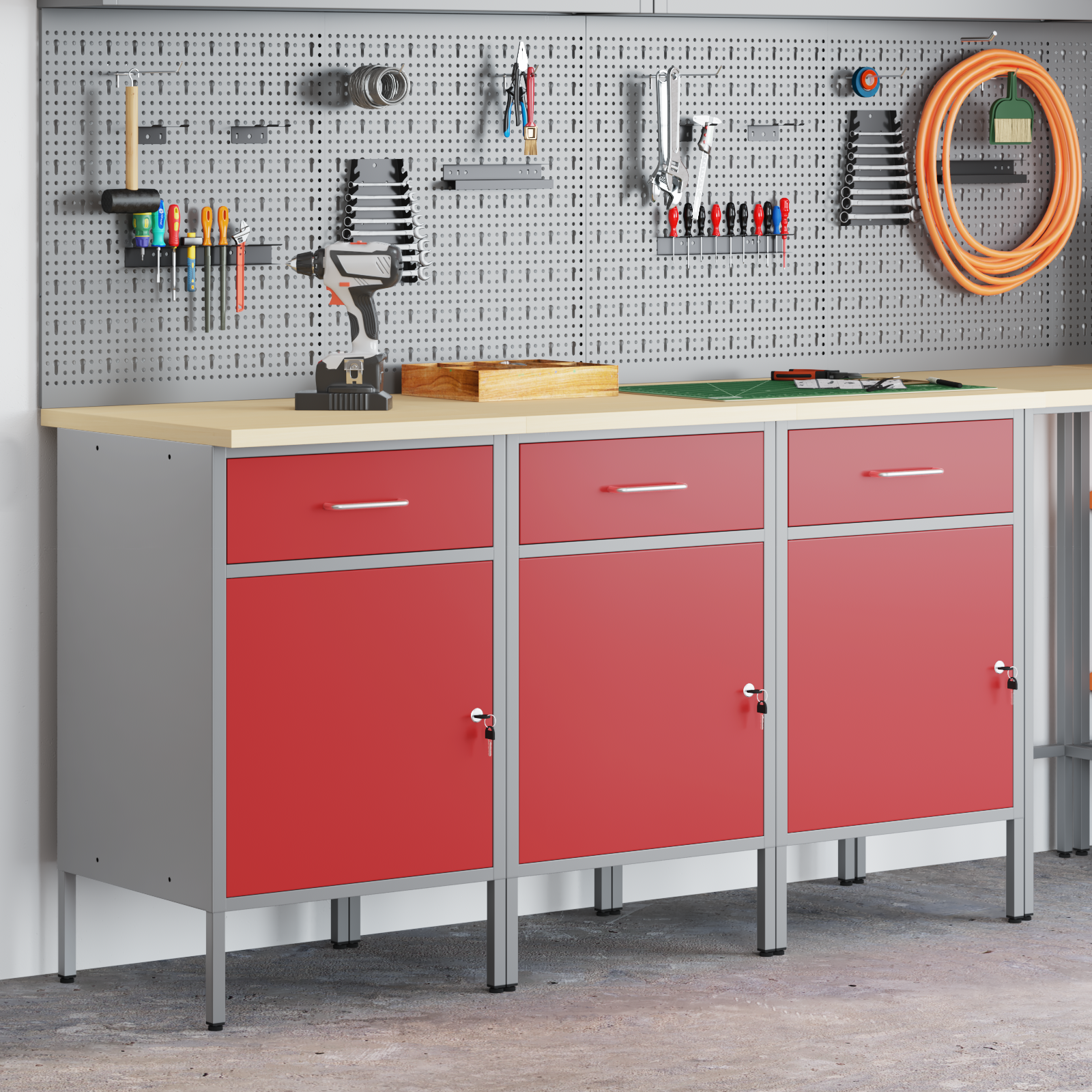 Work Cabinet Set Set of 3 Red and Grey Steel 150 x 55 x 85 cm - Image 4
