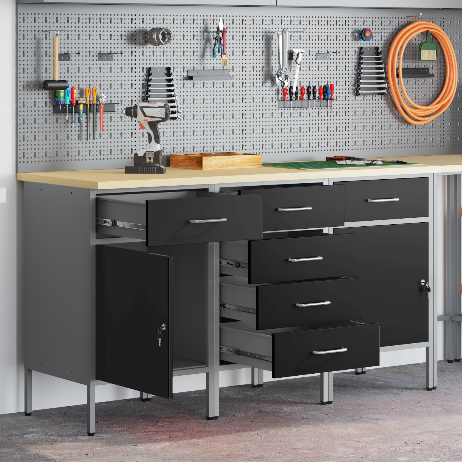 3-Piece Work Cabinet Set in Black and Grey, Made of Engineered Wood and Steel