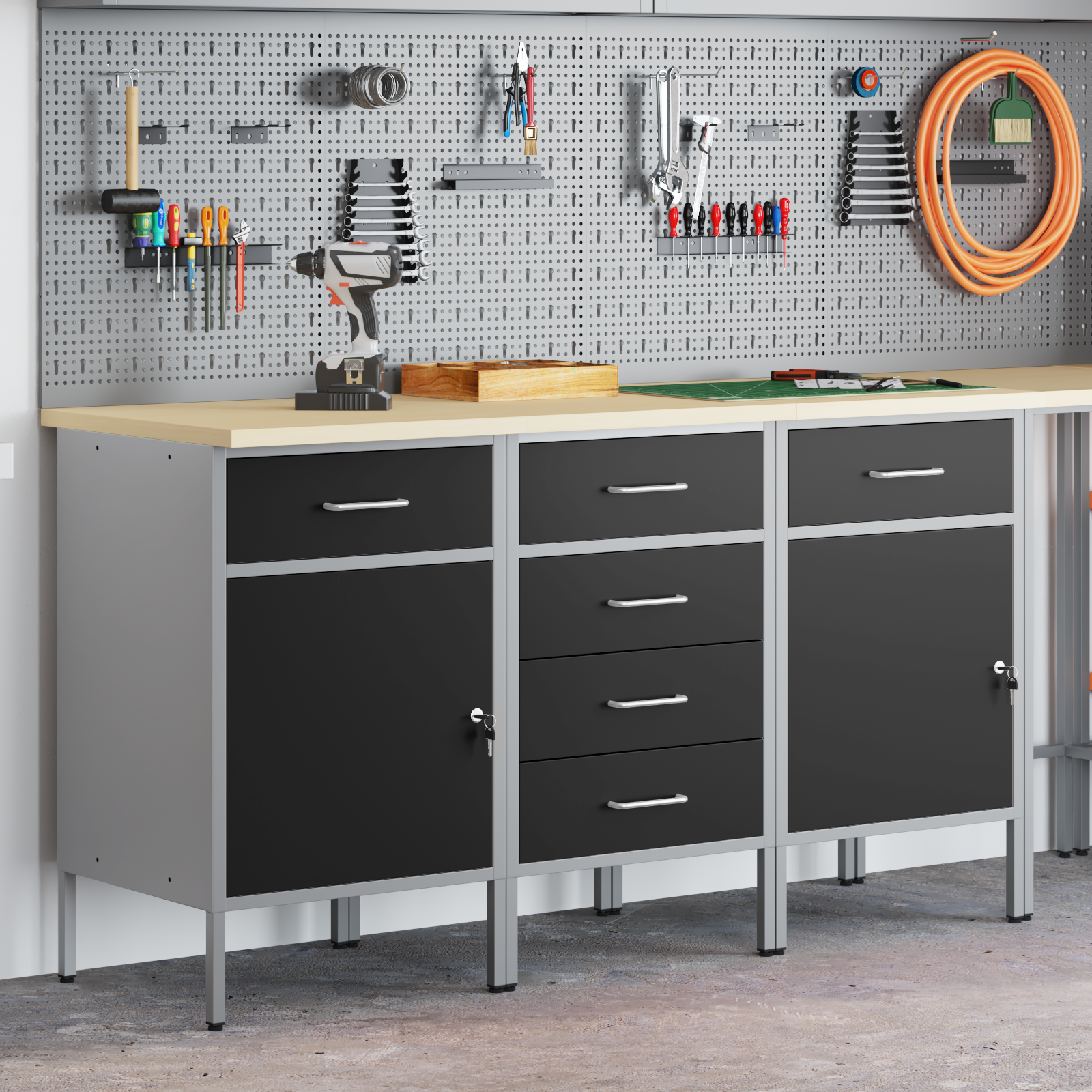 3-Piece Work Cabinet Set in Black and Grey, Made of Engineered Wood and Steel - Image 4