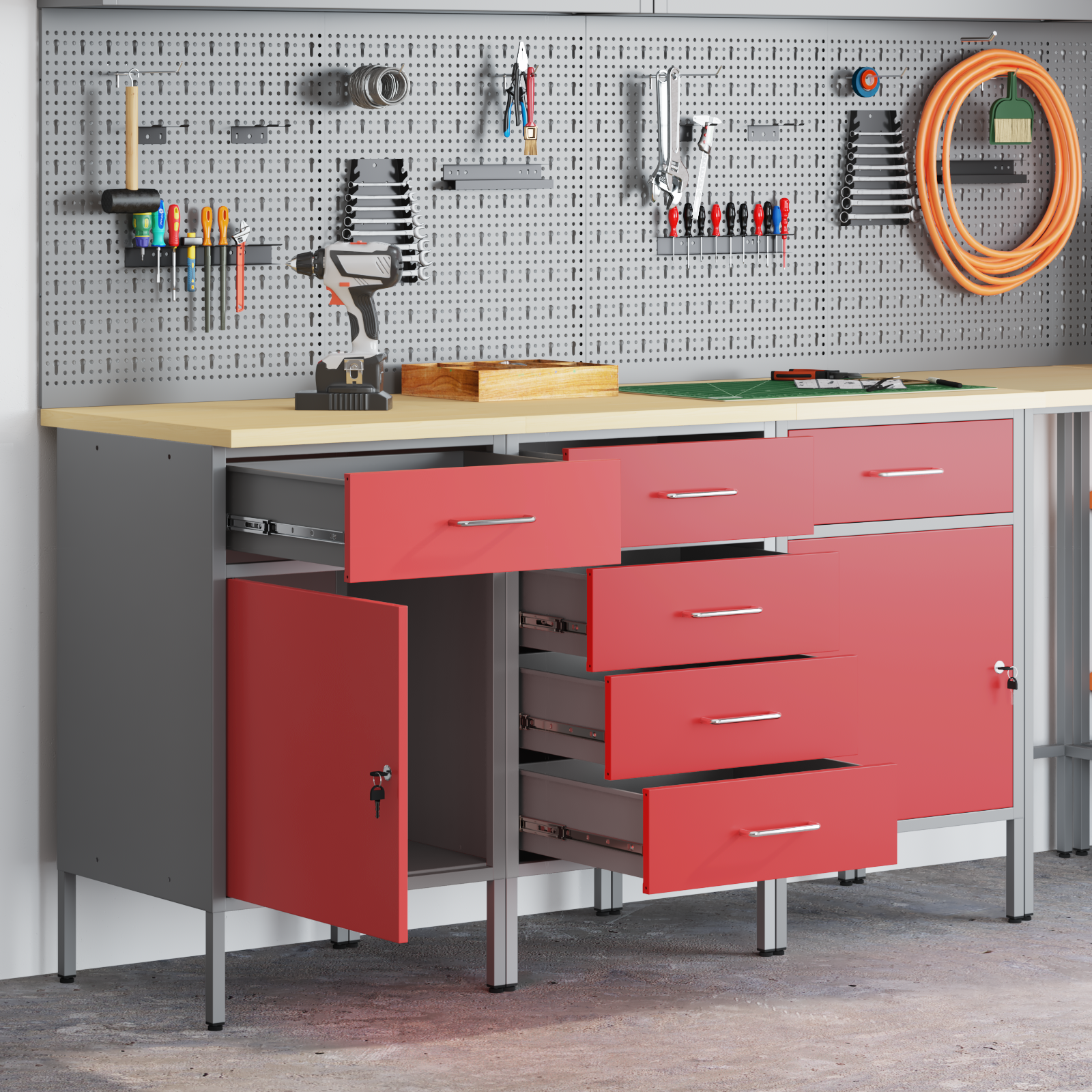 3-Piece Work Cabinet Set in Red and Grey Made of Engineered Wood and Steel