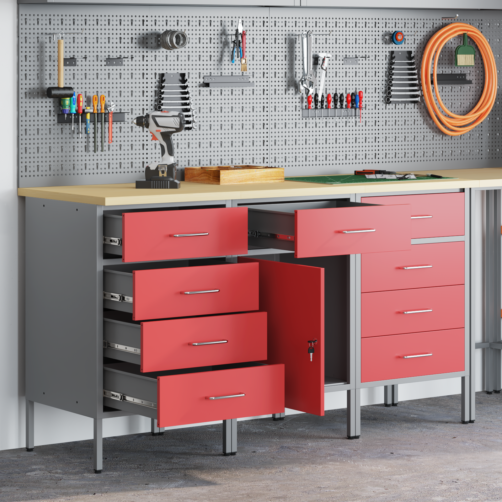 3-Piece Work Cabinet Set in Red and Grey with Engineered Wood and Steel