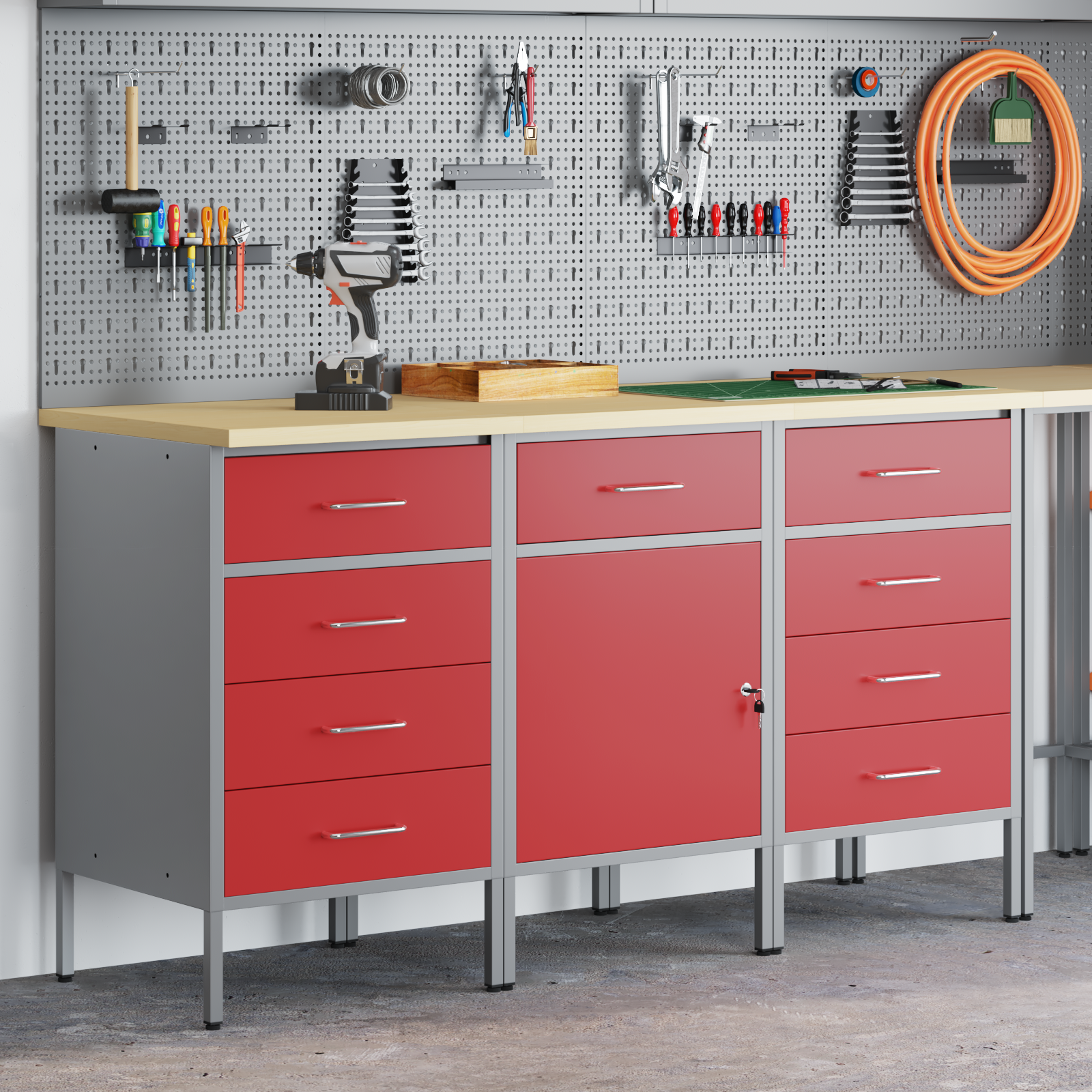 3-Piece Work Cabinet Set in Red and Grey with Engineered Wood and Steel - Image 4