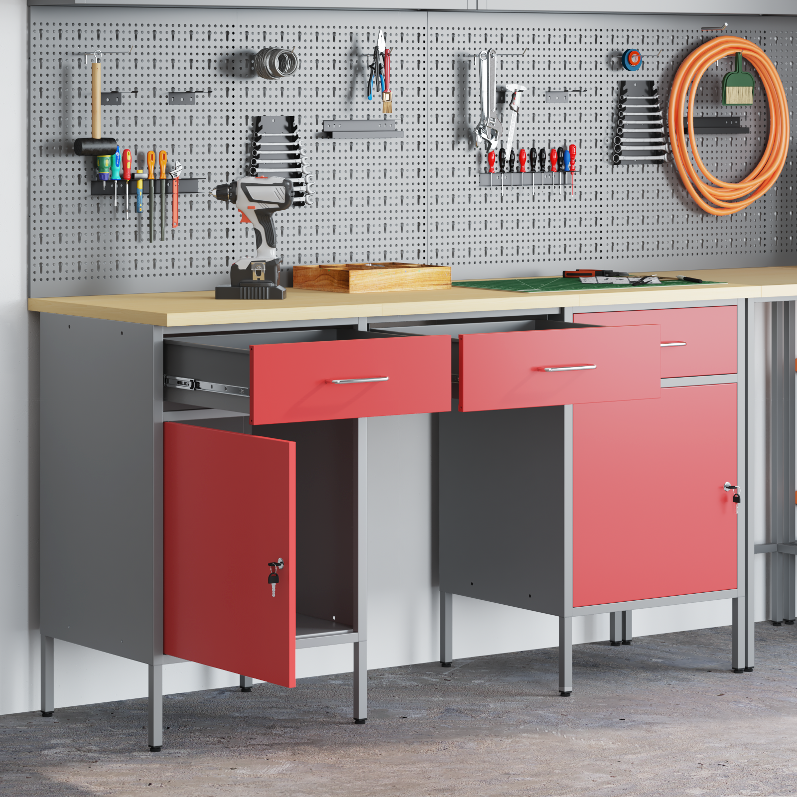 3-Piece Work Cabinet and Table Set - Red Engineered Wood & Steel