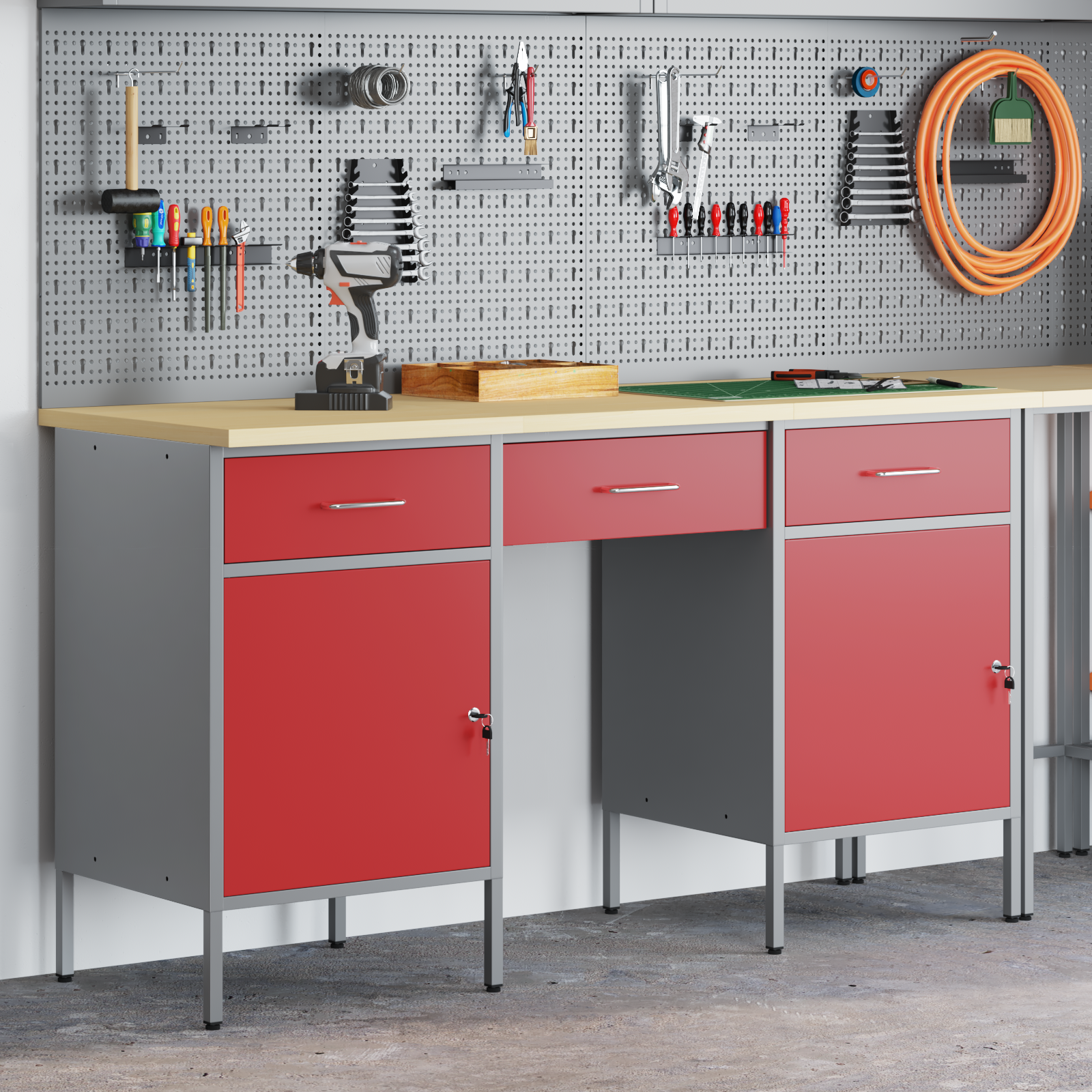 3-Piece Work Cabinet and Table Set - Red Engineered Wood & Steel - Image 4