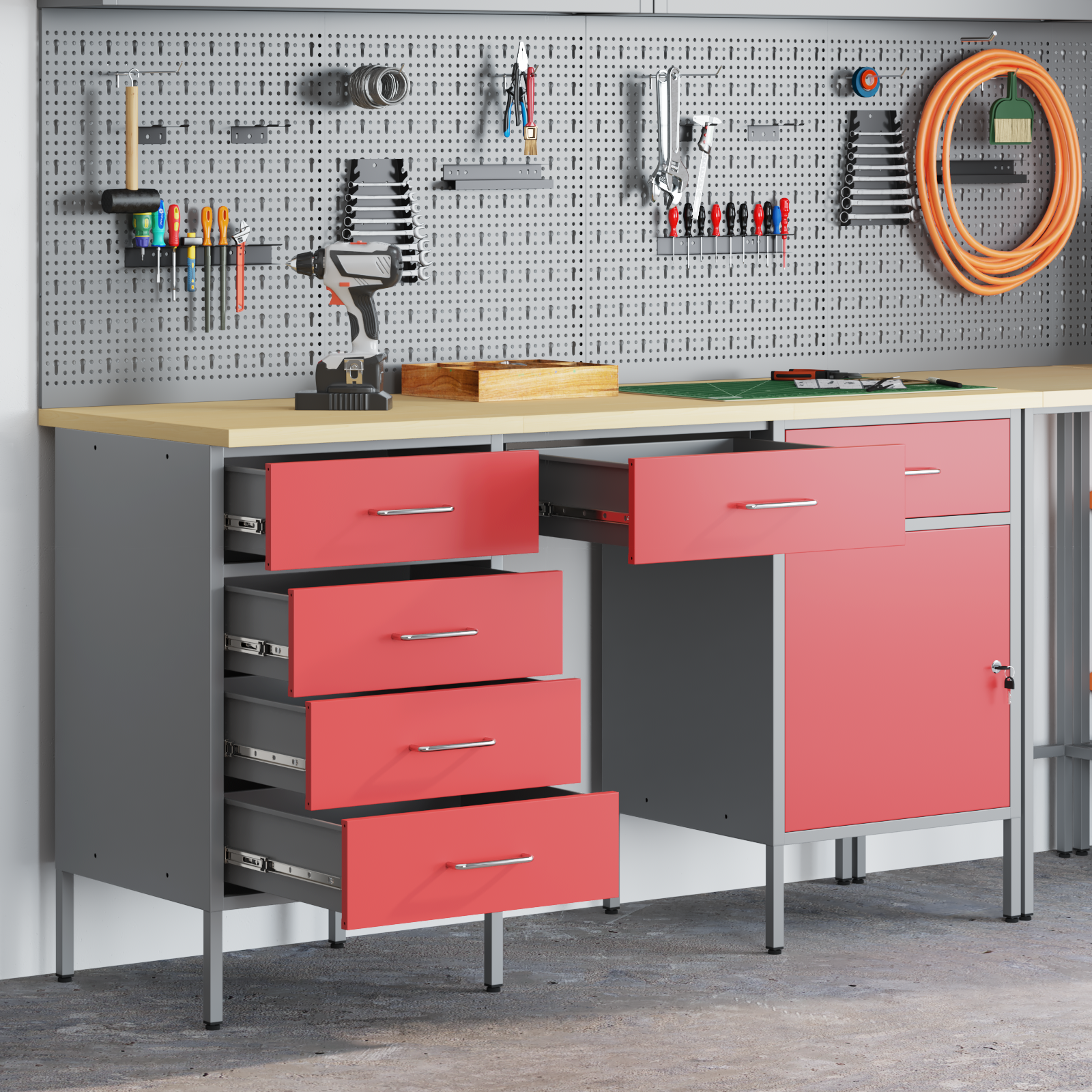 3-Piece Work Cabinet and Table Set - Red Engineered Wood & Steel - Image 3