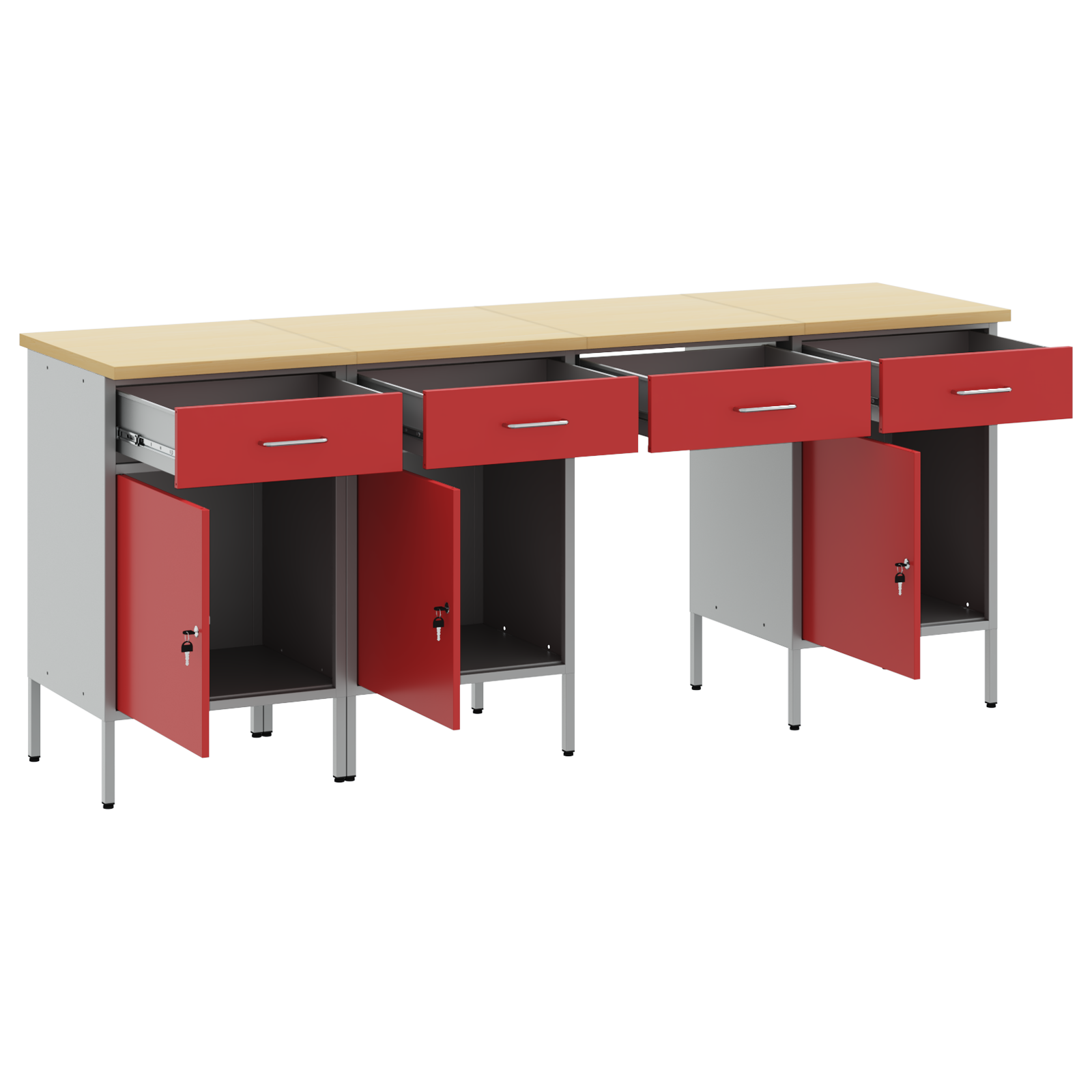 4-Piece Work Cabinet and Table Set - Red Engineered Wood and Steel - Image 4
