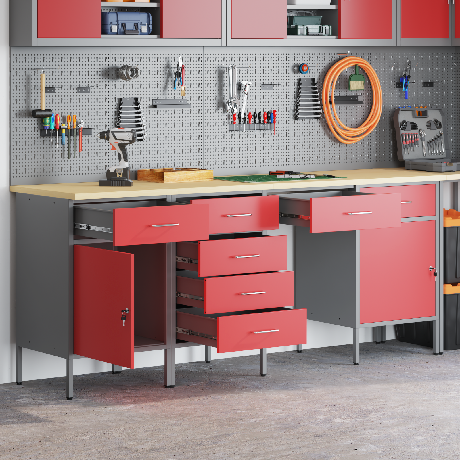 4-Piece Red Work Cabinet and Table Set - Made of Engineered Wood and Steel - Image 3