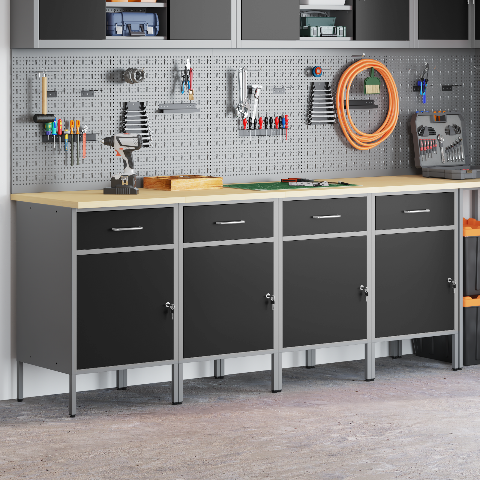 Work Cabinet 4 pcs Black and Grey Engineered Wood and Steel
