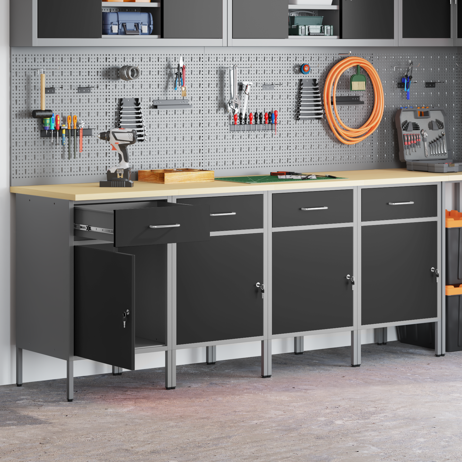 Work Cabinet 4 pcs Black and Grey Engineered Wood and Steel - Image 3
