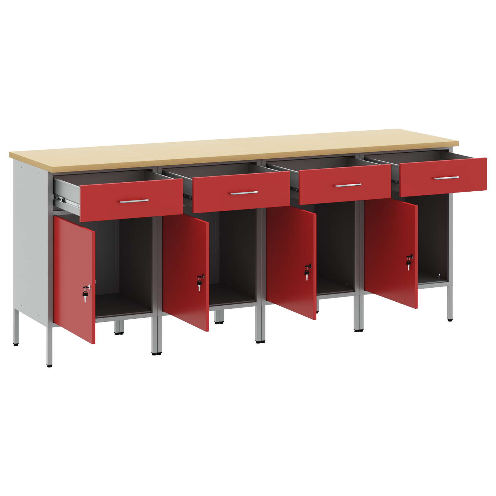 Work Cabinet Set - 4 Pieces in Red and Grey, Made of Engineered Wood and Steel - Image 5