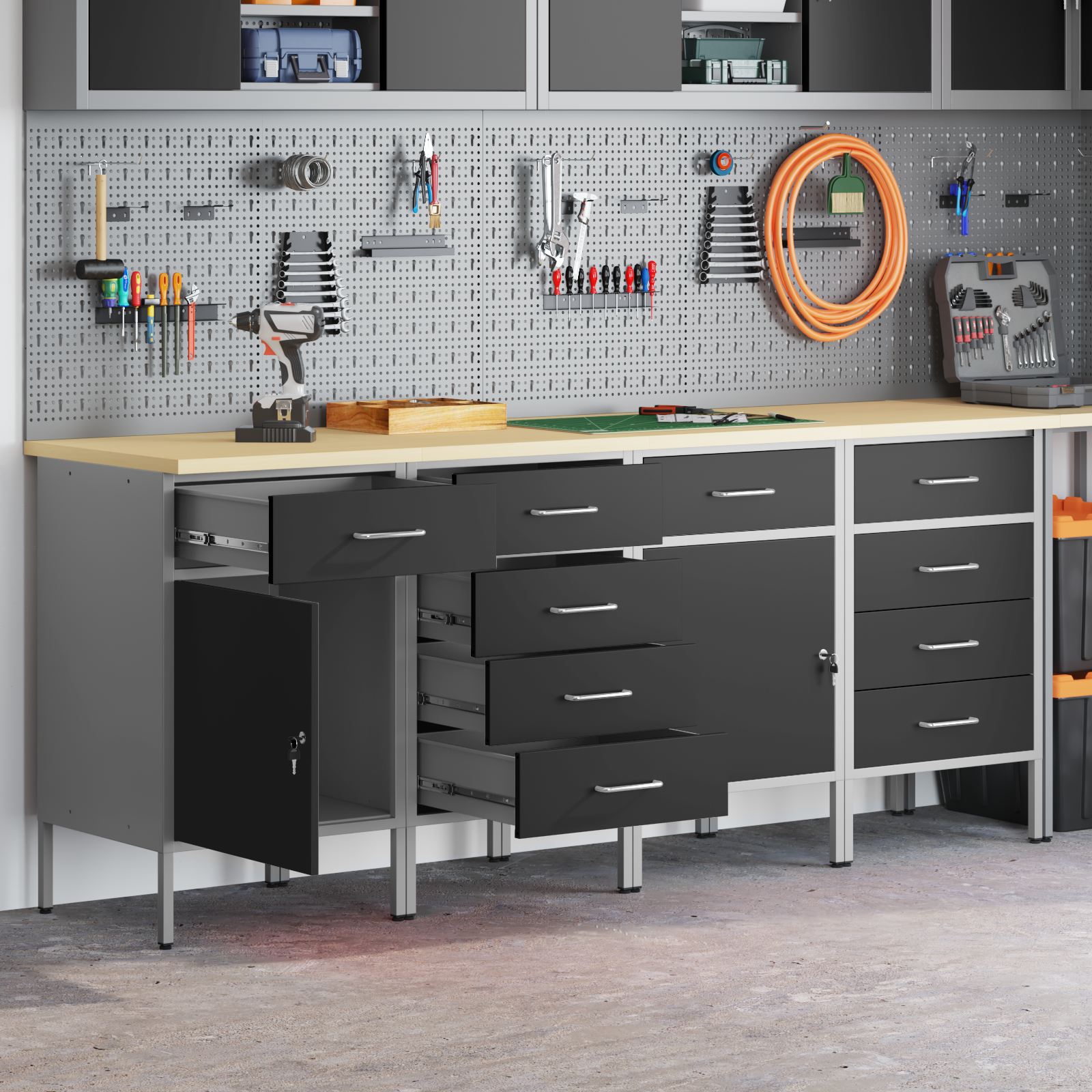 4-Piece Work Cabinet Set in Black and Grey Made of Engineered Wood and Steel