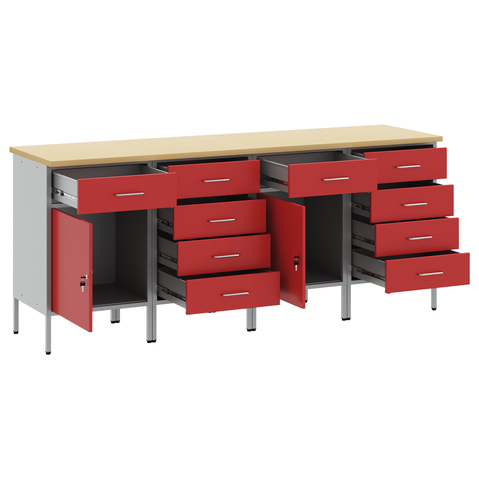 4-Piece Work Cabinet Set in Red and Grey Made of Engineered Wood and Steel - Image 5