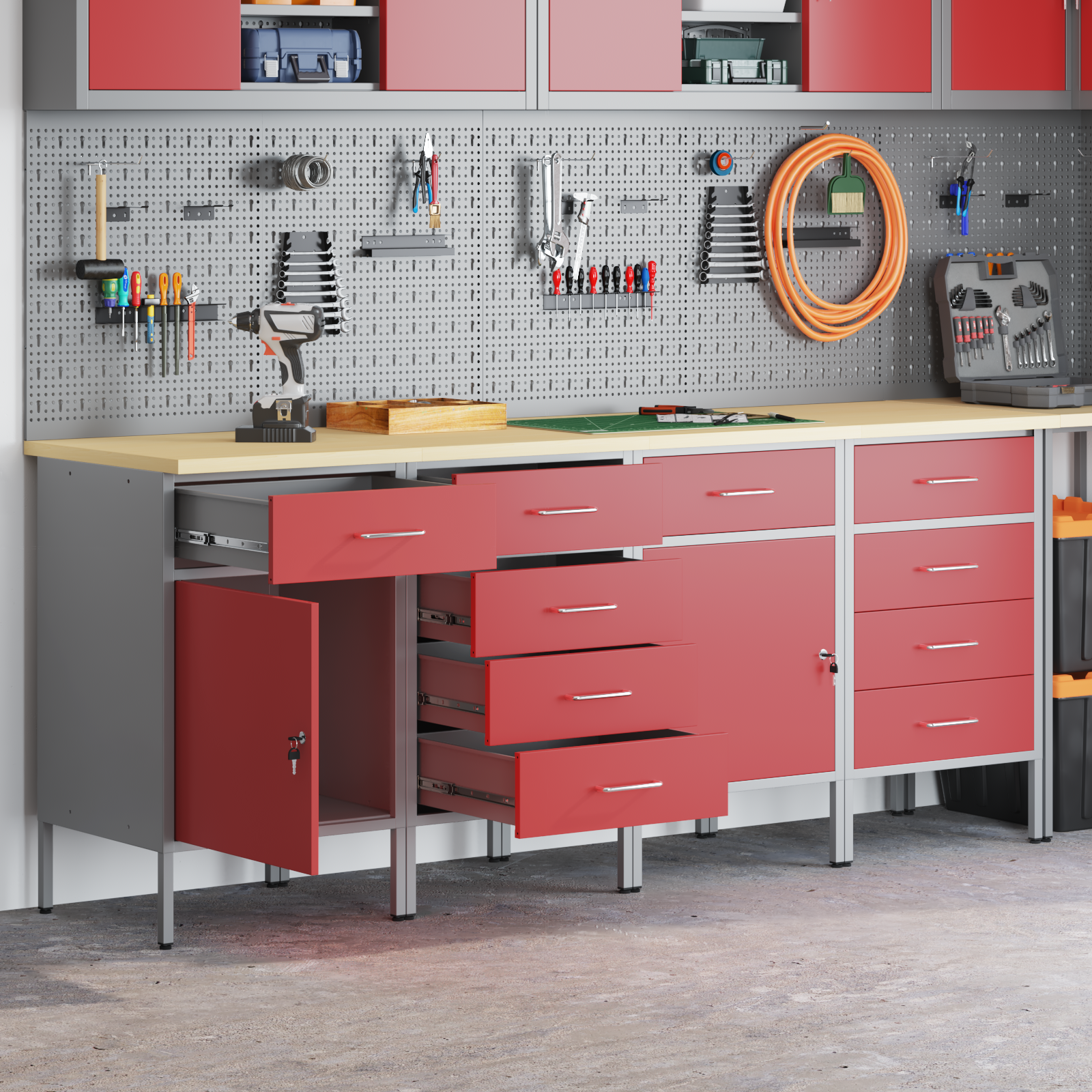 4-Piece Work Cabinet Set in Red and Grey Made of Engineered Wood and Steel