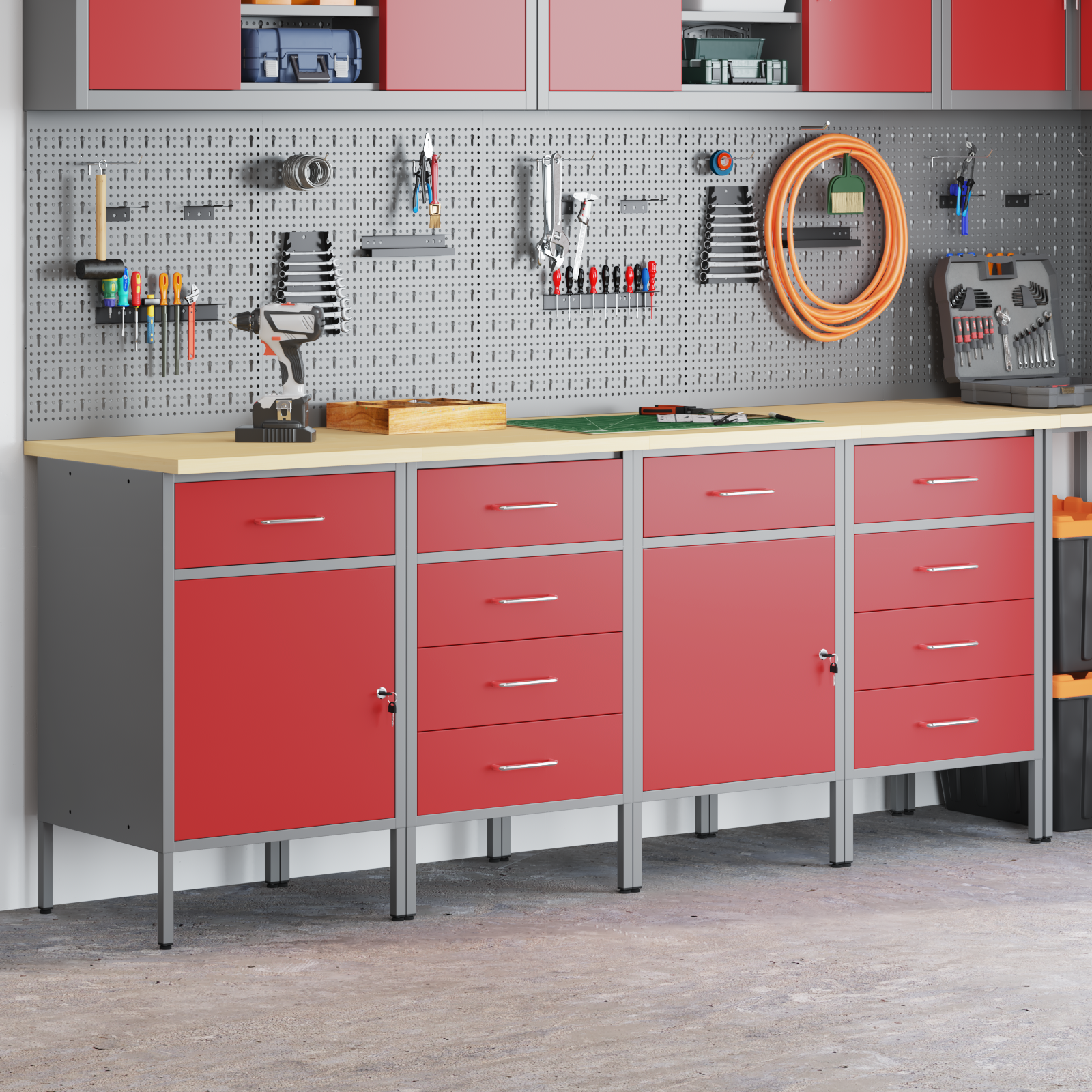 4-Piece Work Cabinet Set in Red and Grey Made of Engineered Wood and Steel - Image 3