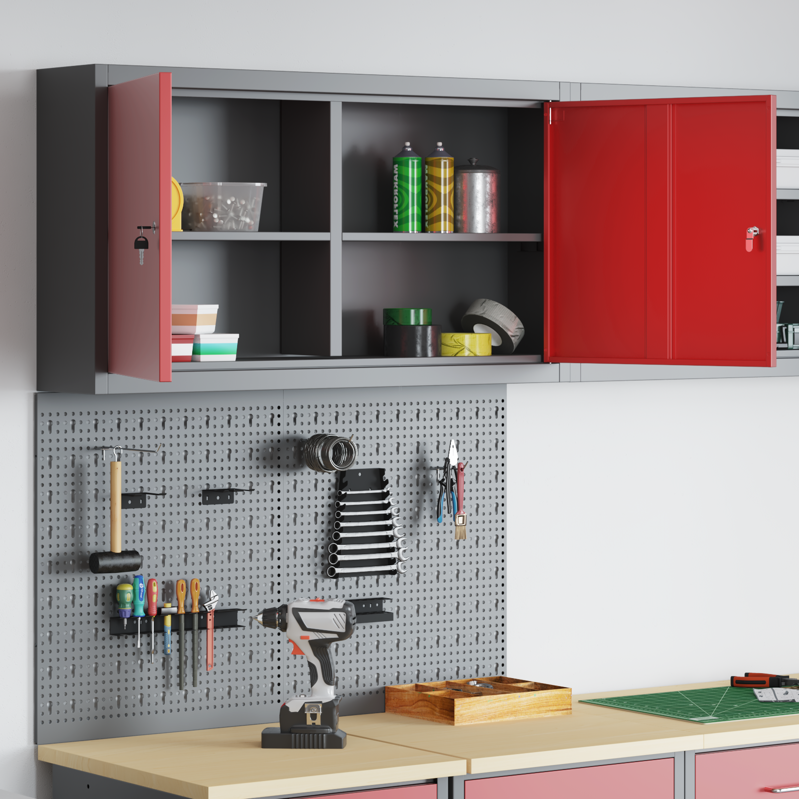 3 Piece Tool Cabinet and Pegboard Set Wall Mounted Red Metal - Image 4