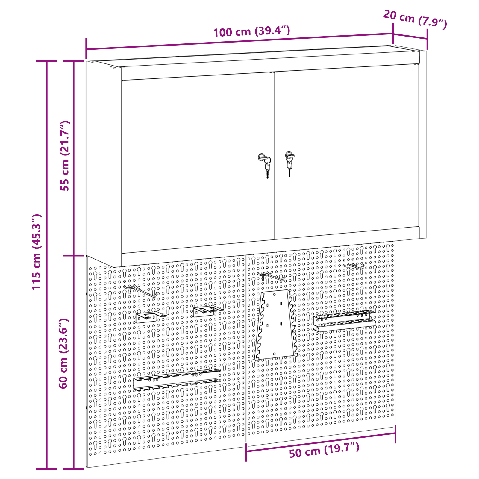 3 Piece Tool Cabinet and Pegboard Set Wall Mounted Red Metal - Image 11