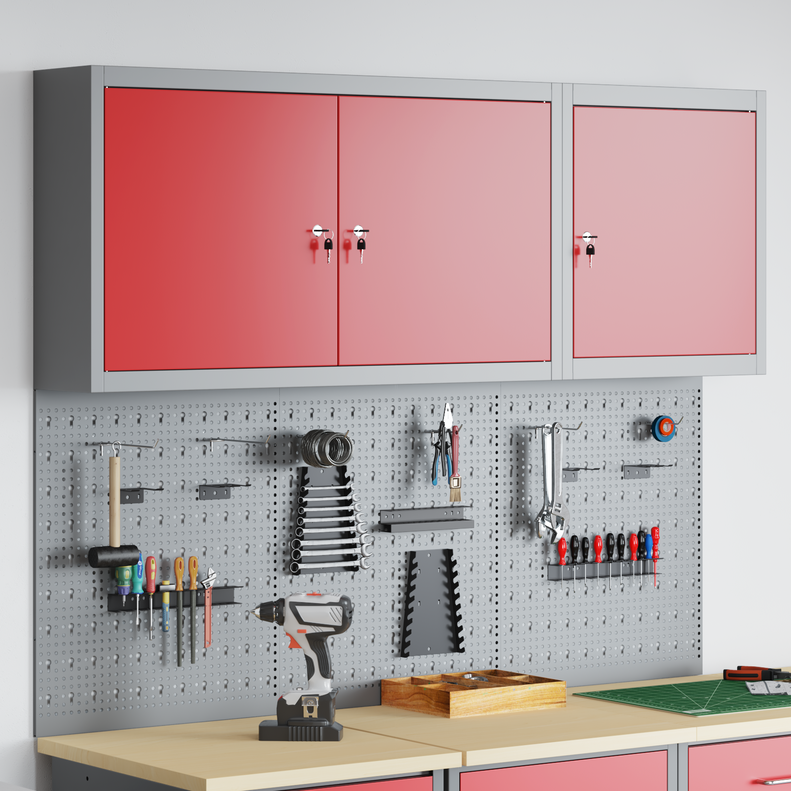 5 Piece Tool Cabinet and Pegboard Set Wall Mounted Red Metal