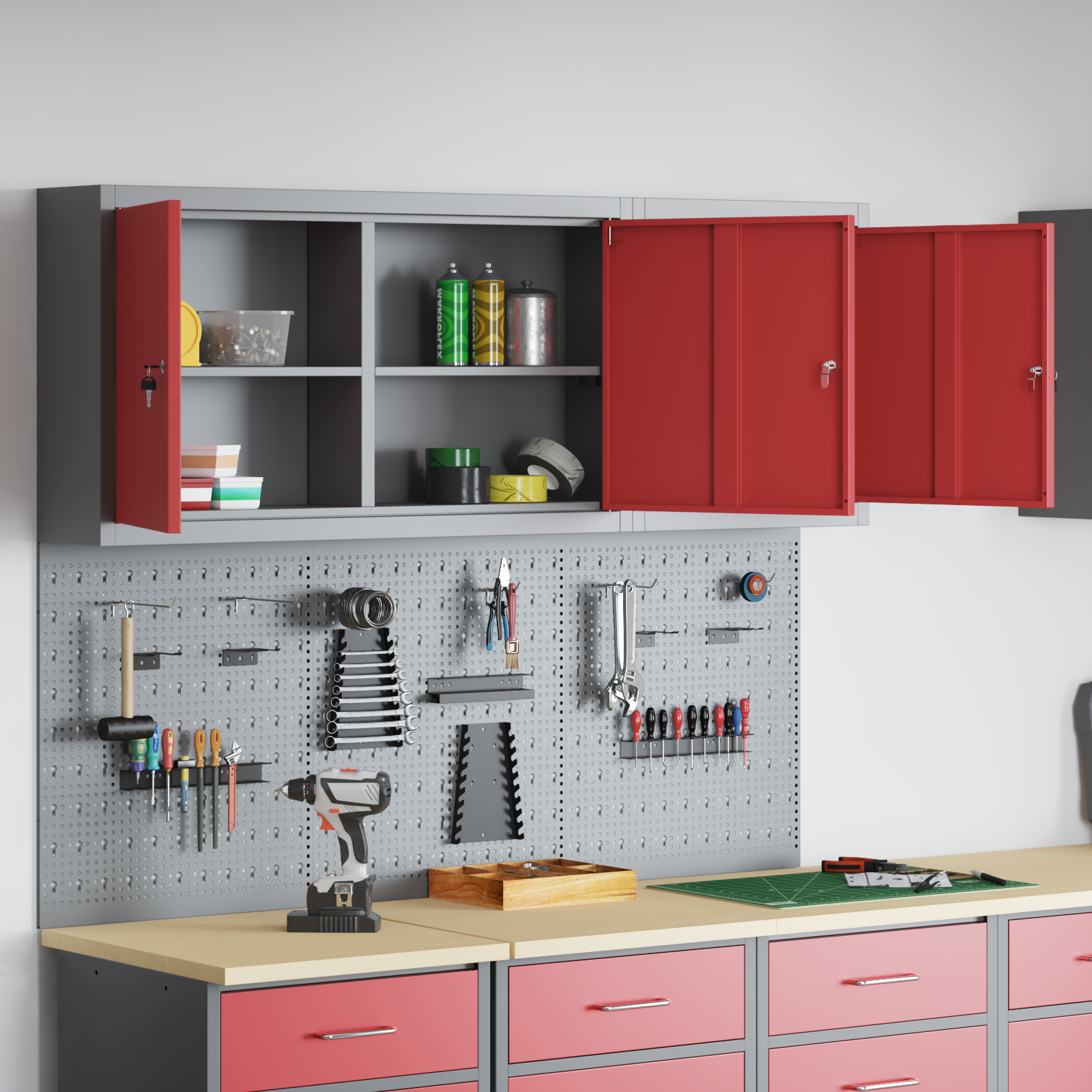 5 Piece Tool Cabinet and Pegboard Set Wall Mounted Red Metal - Image 4