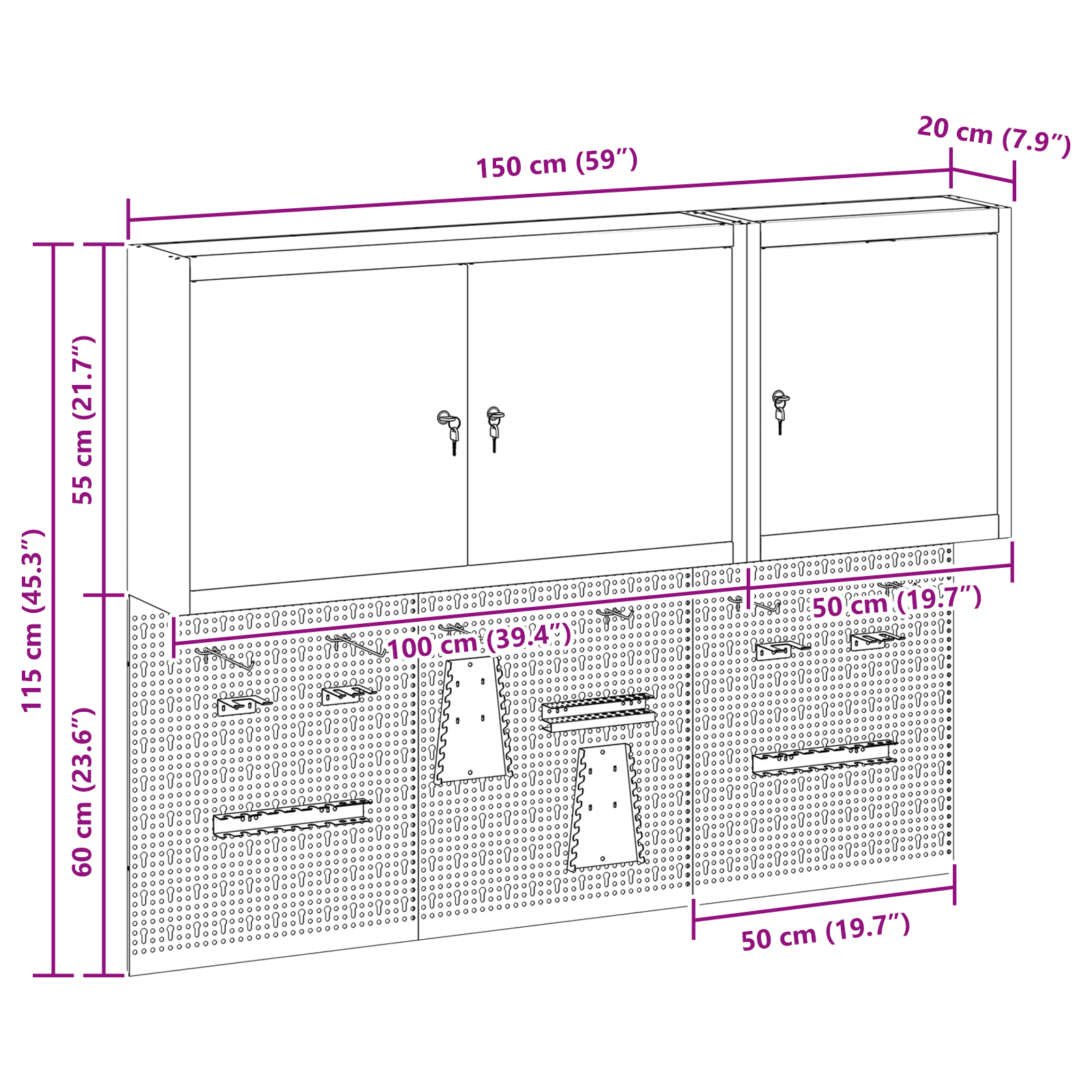 5 Piece Tool Cabinet and Pegboard Set Wall Mounted Red Metal - Image 11