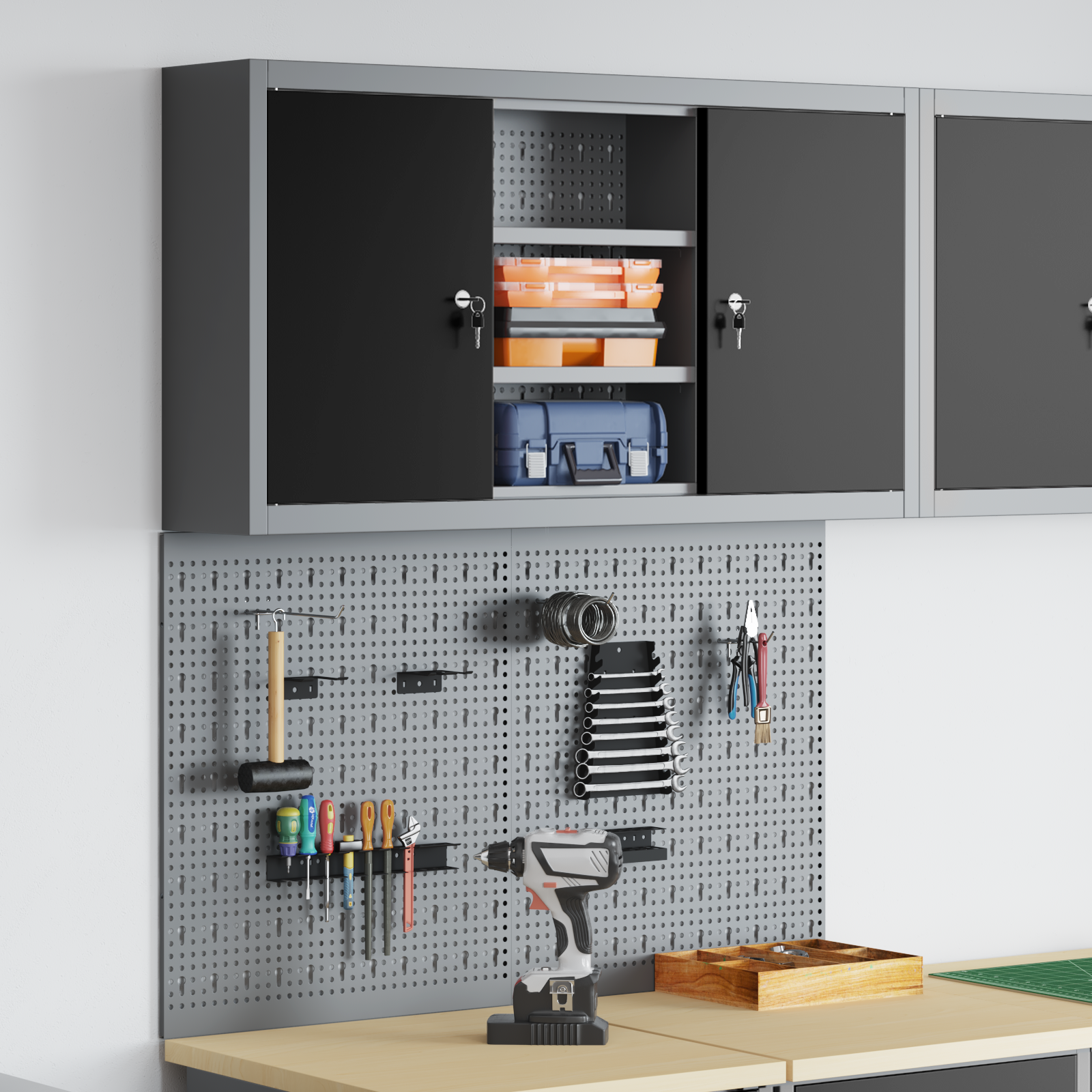 3 Piece Tool Cabinet and Pegboard Set Wall Mounted Black Metal