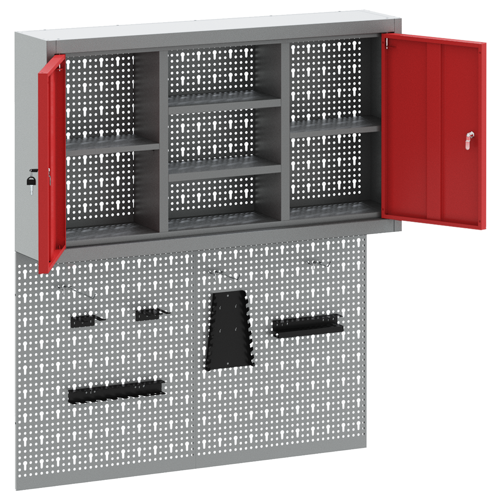 3 Piece Tool Cabinet and Pegboard Set Wall Mounted Red Metal - Image 5