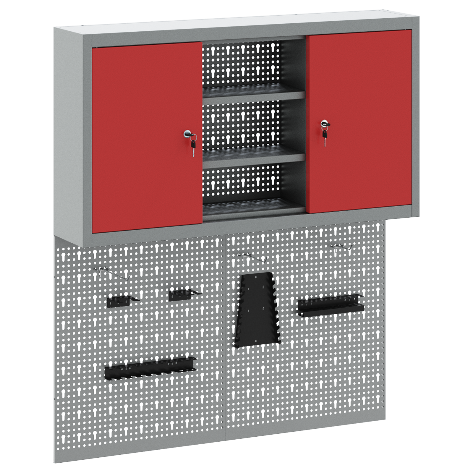 3 Piece Tool Cabinet and Pegboard Set Wall Mounted Red Metal - Image 2