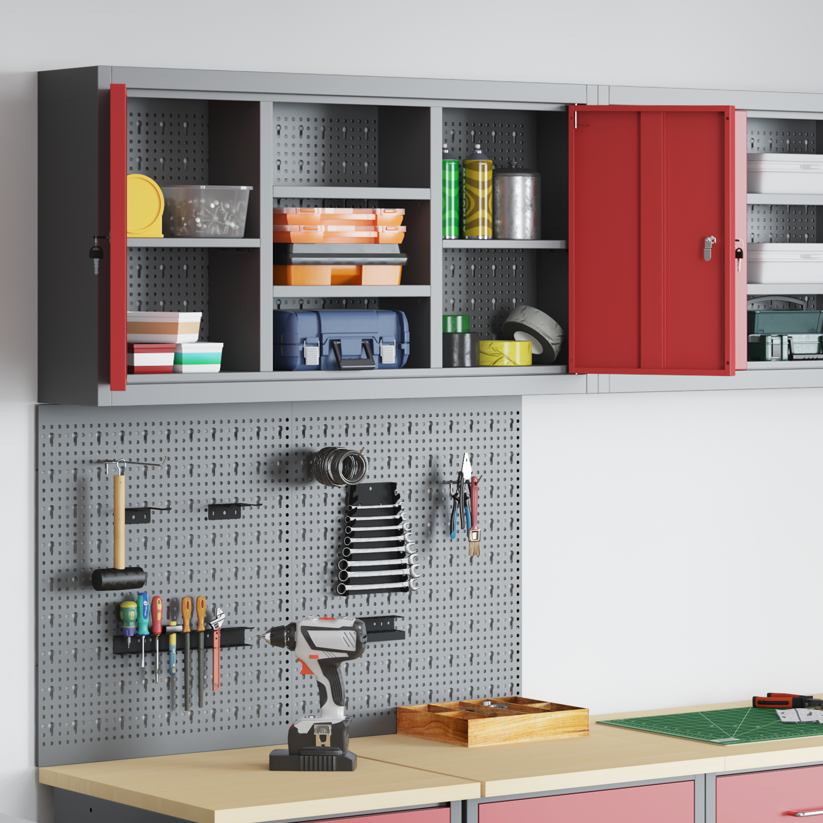 3 Piece Tool Cabinet and Pegboard Set Wall Mounted Red Metal - Image 4