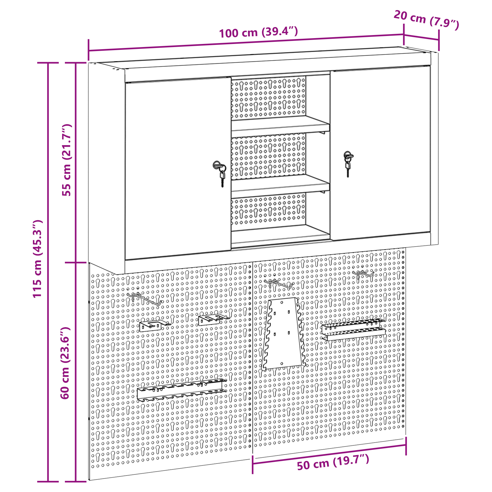3 Piece Tool Cabinet and Pegboard Set Wall Mounted Red Metal - Image 11
