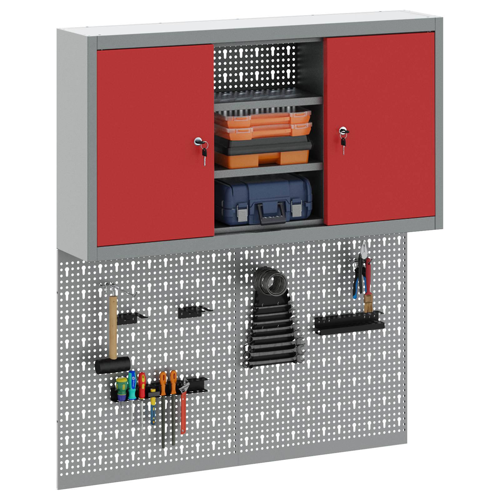 3 Piece Tool Cabinet and Pegboard Set Wall Mounted Red Metal - Image 3