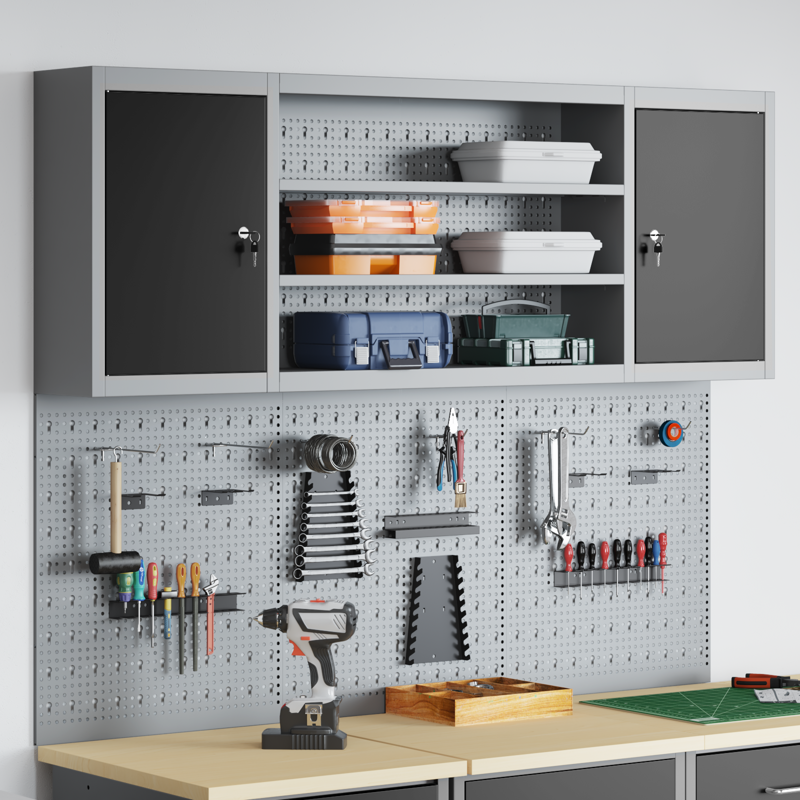 vidaXL Set de Cabinet pentru Unelte și Pegboard cu raft 6 pcs Negru