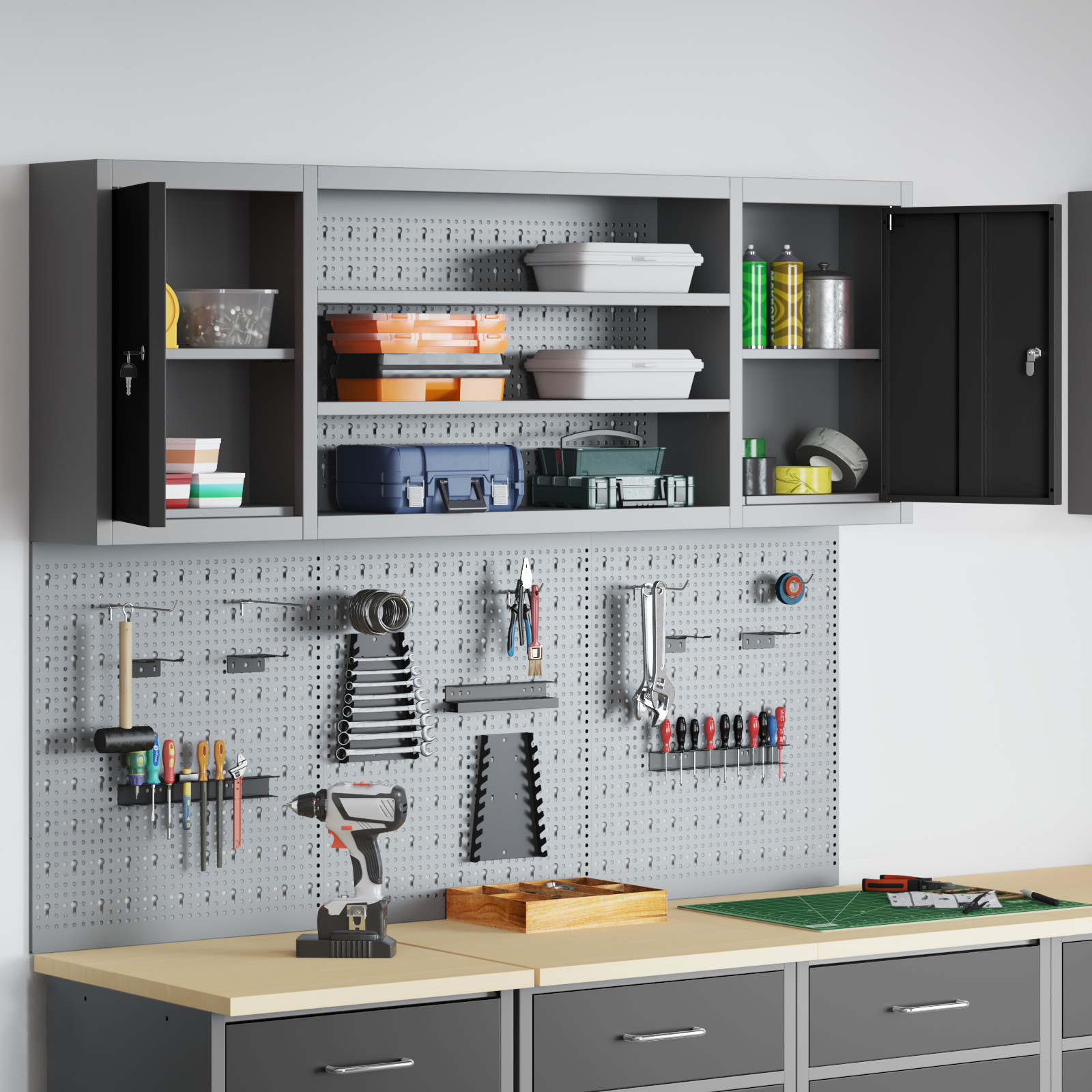 6-delts værktøjsskab og pegboard sæt vægmonteret sort metal 4 image product%2F3321408%2FP Mood 3321408 Mood Image%20%282%29 02