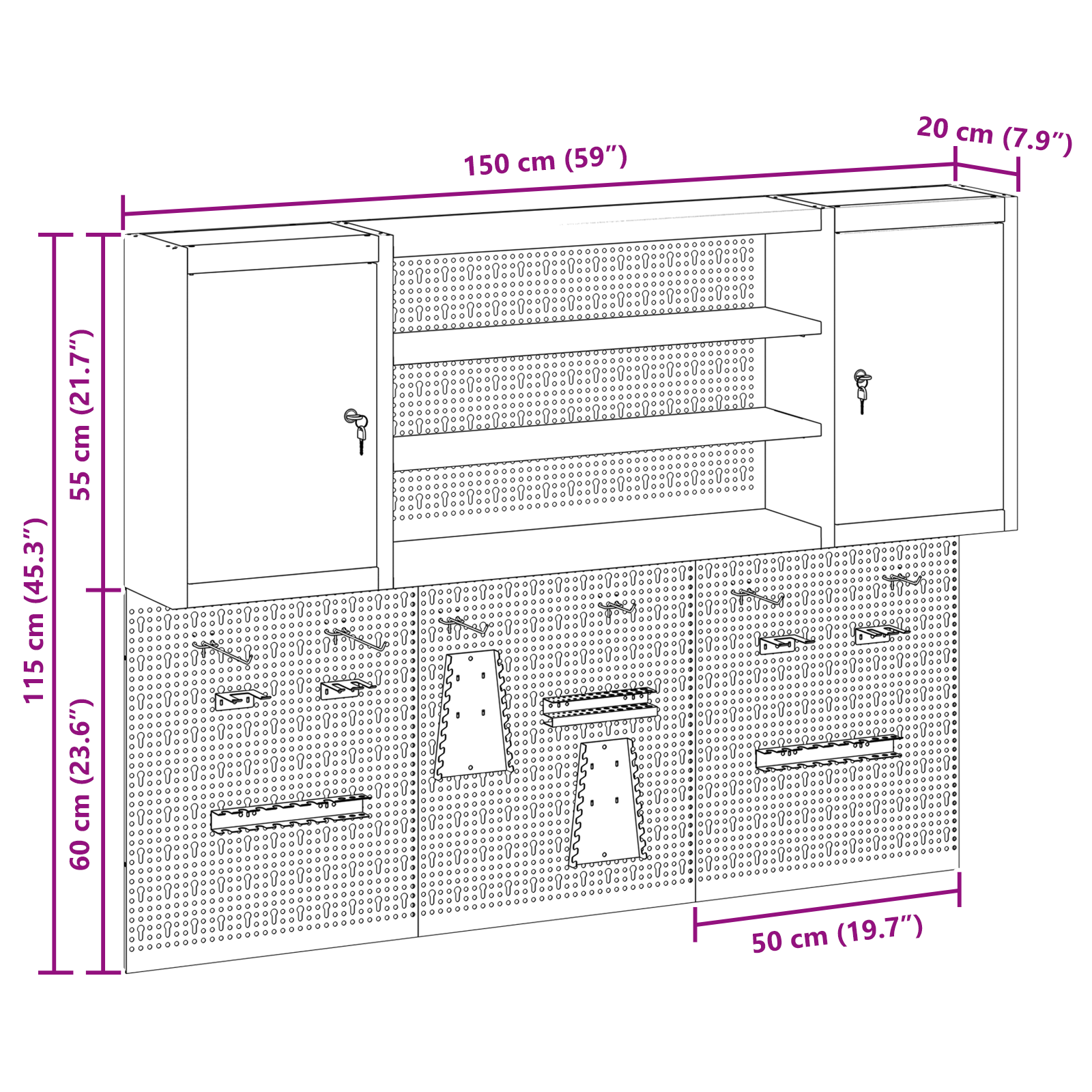6-delts værktøjsskab og pegboard sæt vægmonteret sort metal 10 image product%2F3321408%2FP Size 3321408 WBG Size EU 01