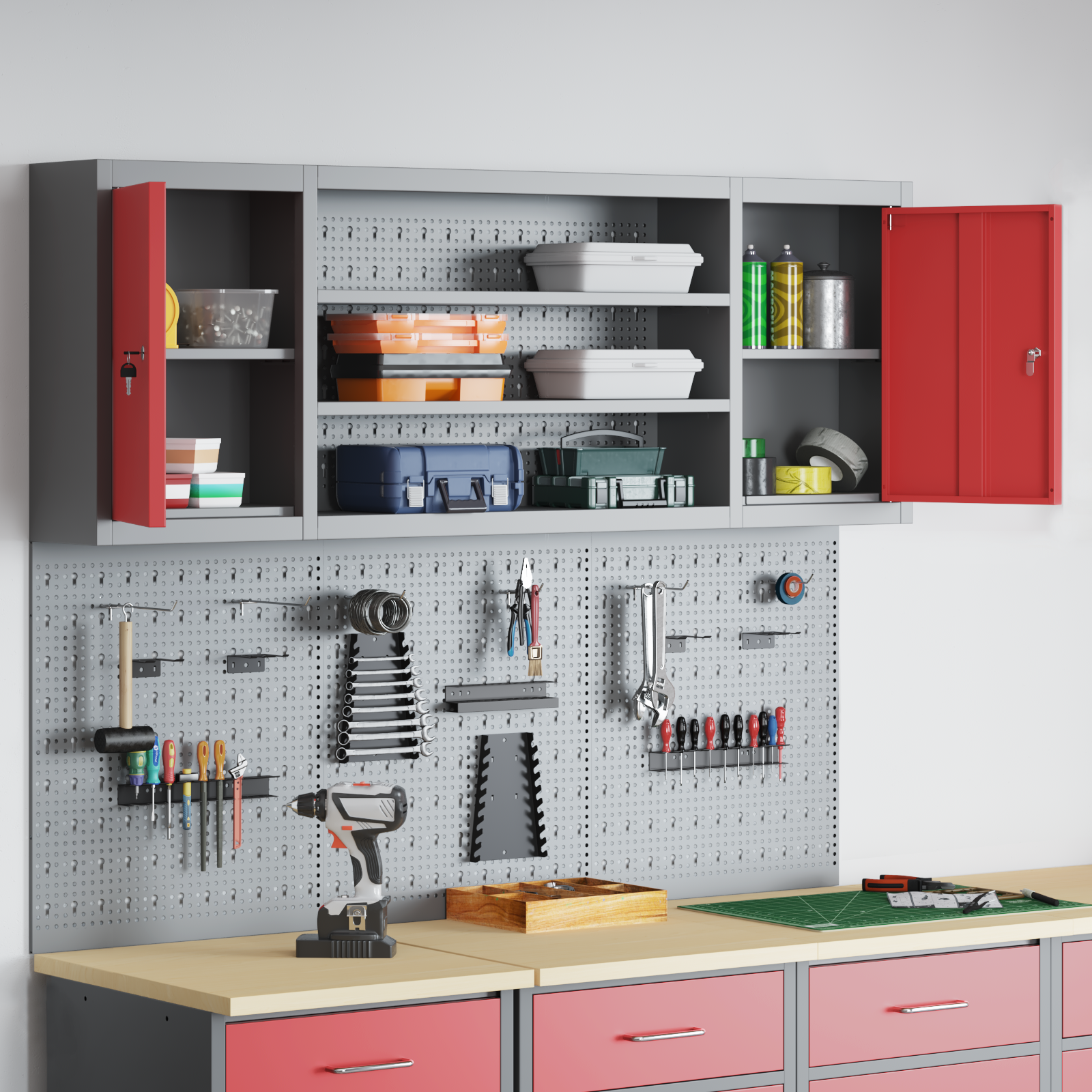 6 Piece Tool Cabinet and Pegboard Set Wall Mounted Red Metal - Image 4