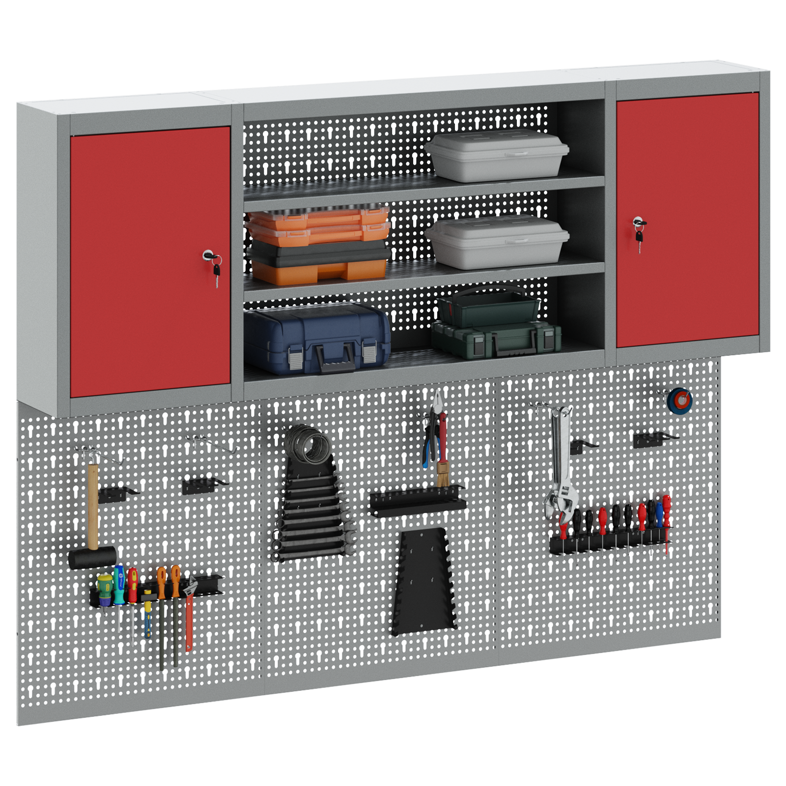 6 Piece Tool Cabinet and Pegboard Set Wall Mounted Red Metal - Image 3