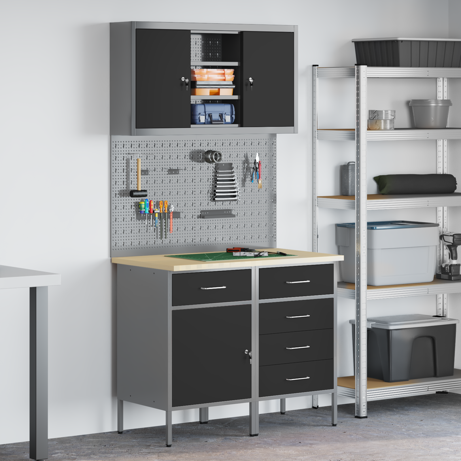 Set banc de lucru, 5 piese, negru, oțel Set banc de lucru, 5 piese, negru, oțel - imagine 1