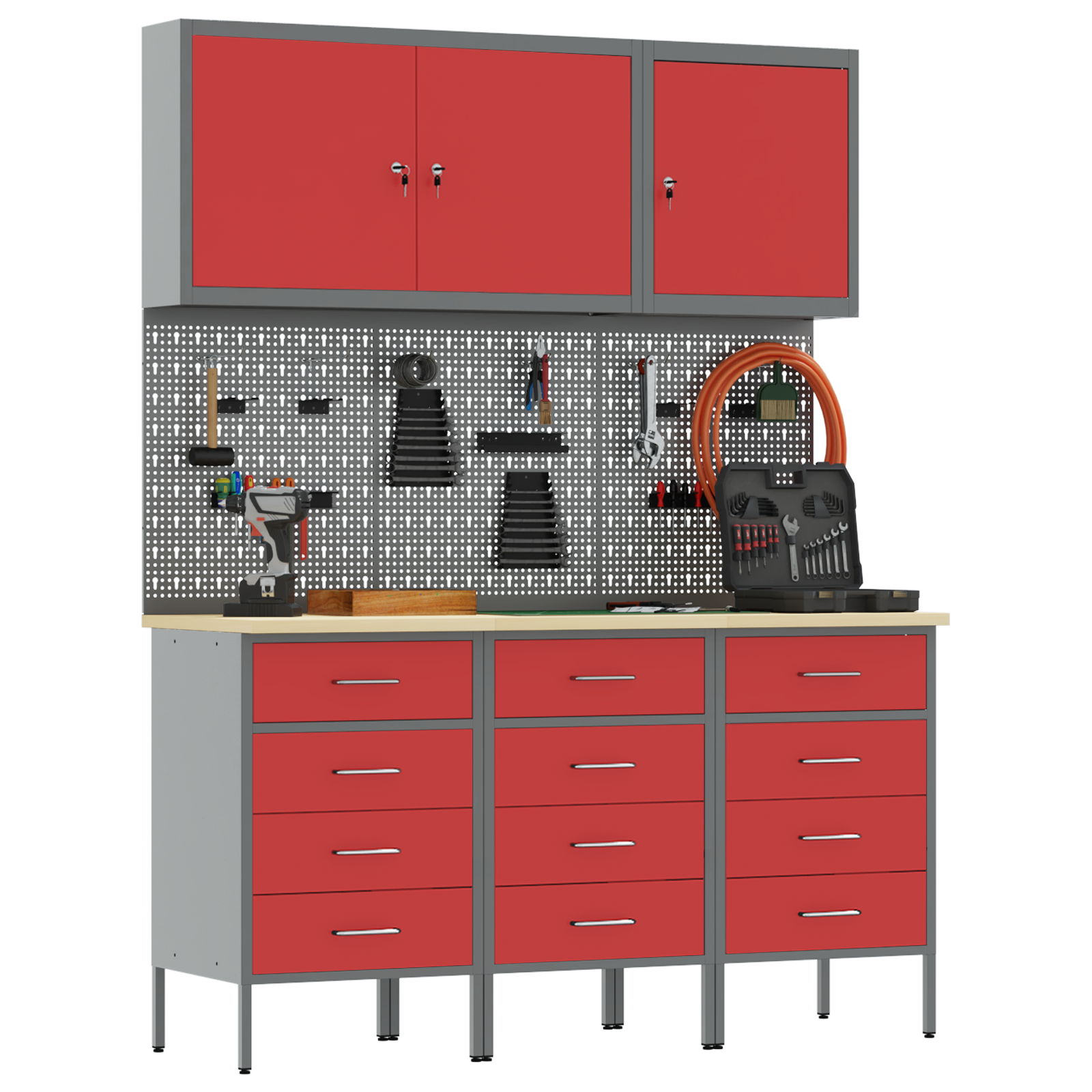 8-dele arbejdsbord og pegboard sæt i rød MDF og metal - Billede 3