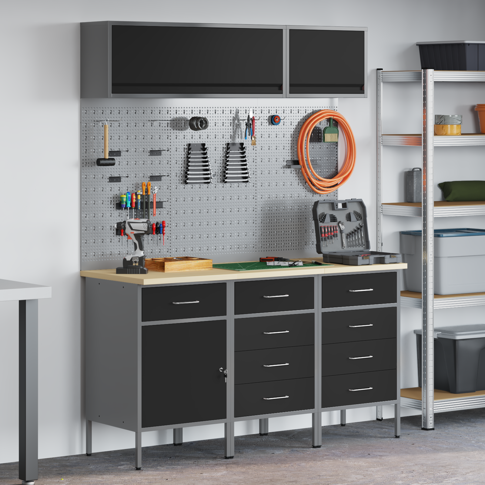 Set banc de lucru, 8 piese, negru, oțel 3321450 Set banc de lucru, 8 piese, negru, oțel 3321450 - imagine 1