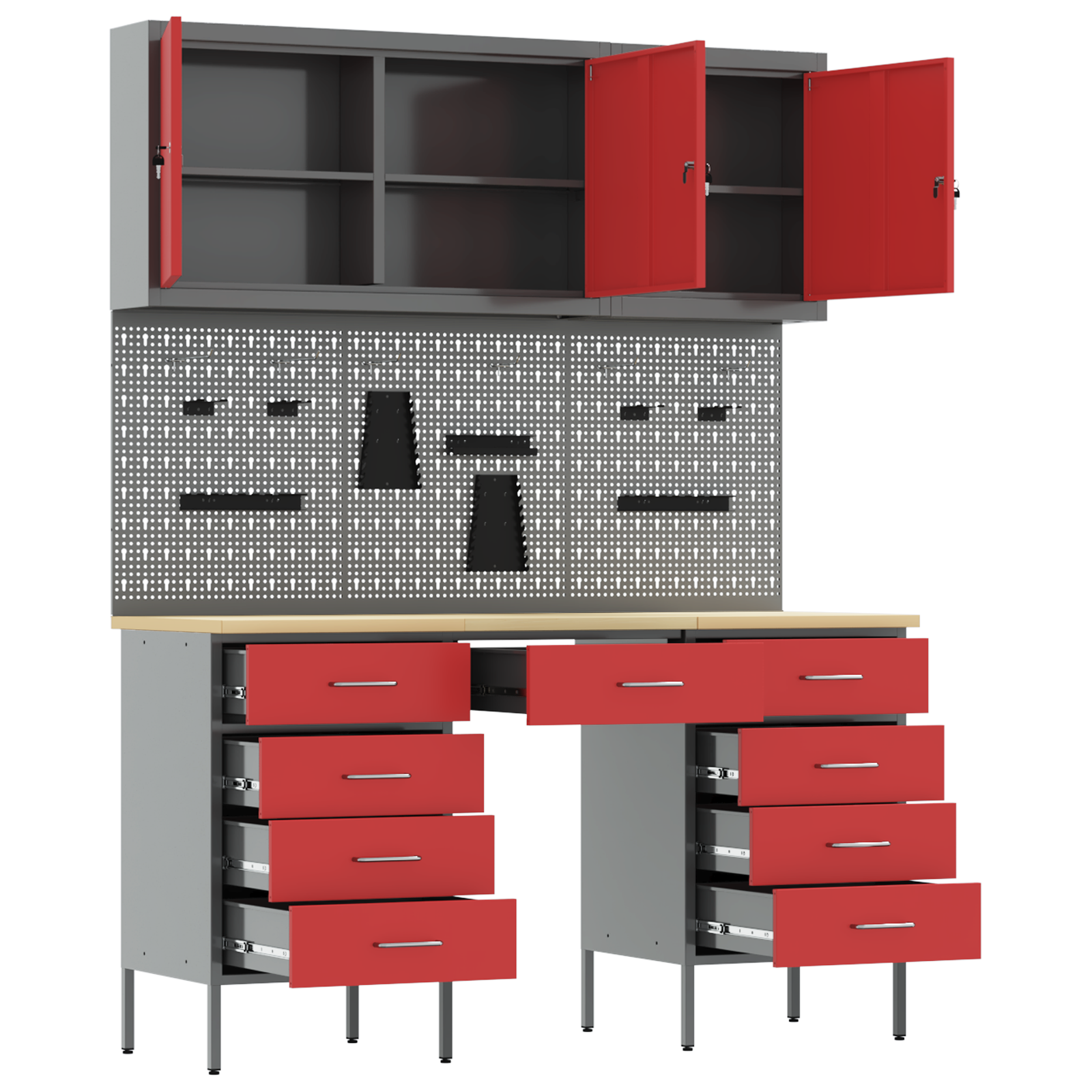 8-Piece Work Cabinet and Pegboard Set in Red MDF and Metal - Image 5