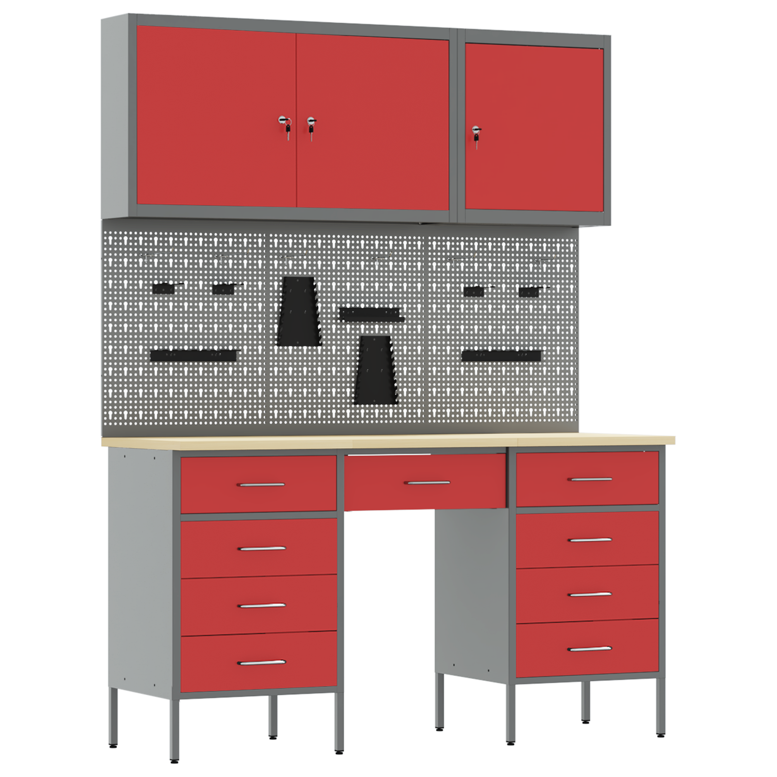 8-Piece Work Cabinet and Pegboard Set in Red MDF and Metal - Image 2