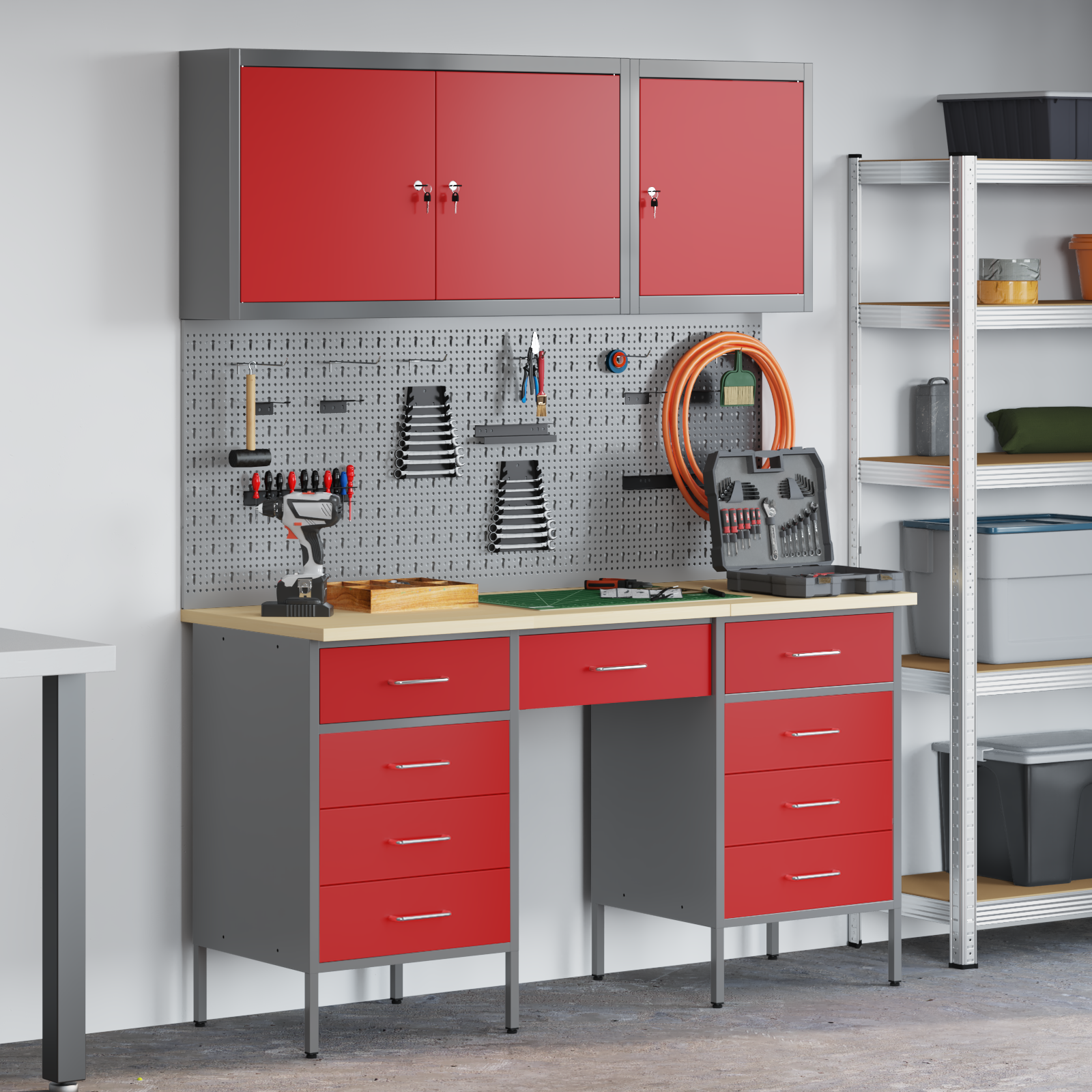 8-Piece Work Cabinet and Pegboard Set in Red MDF and Metal