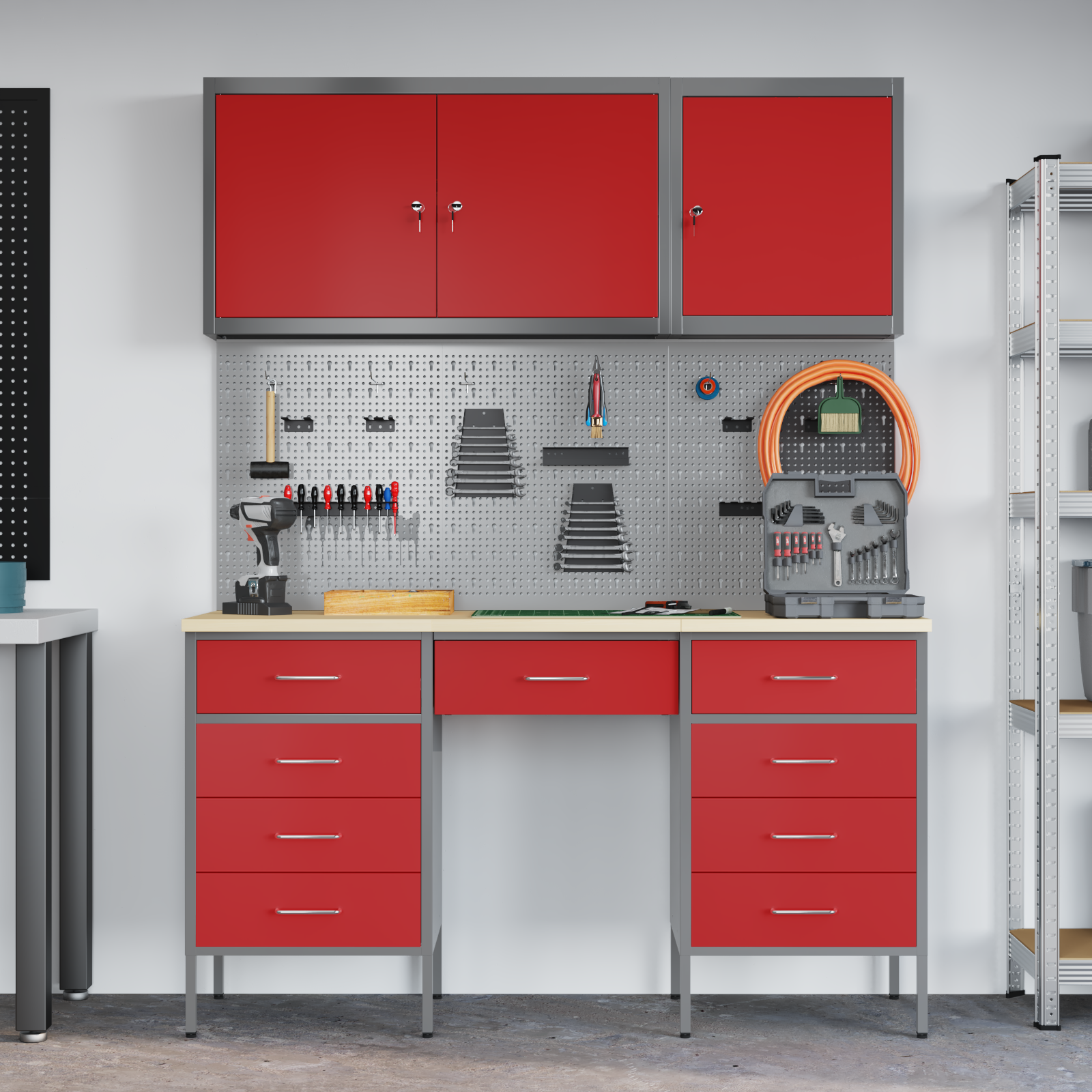 8-Piece Work Cabinet and Pegboard Set in Red MDF and Metal - Image 4