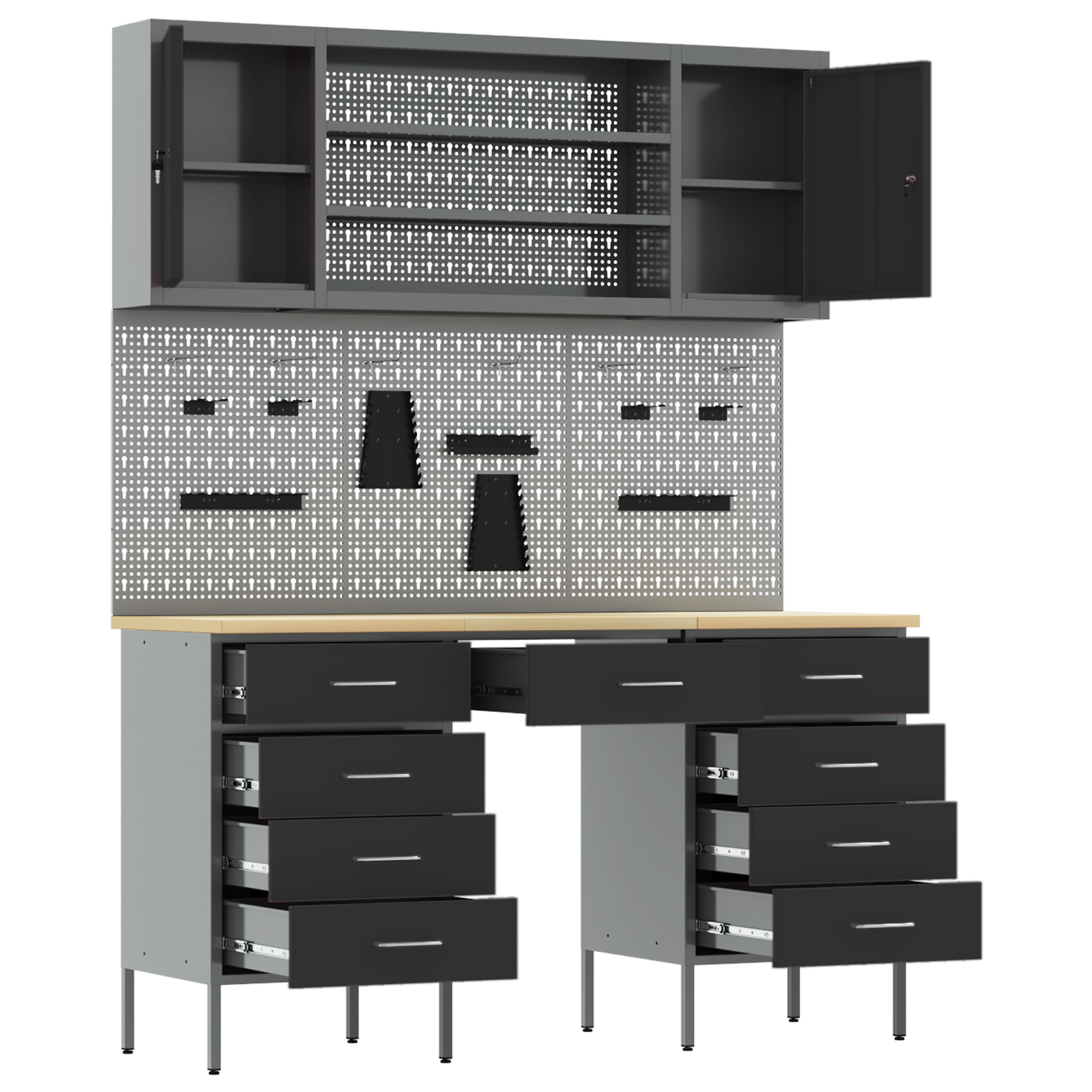 7-Piece Work Cabinet and Pegboard Set - Black MDF & Metal - Image 4
