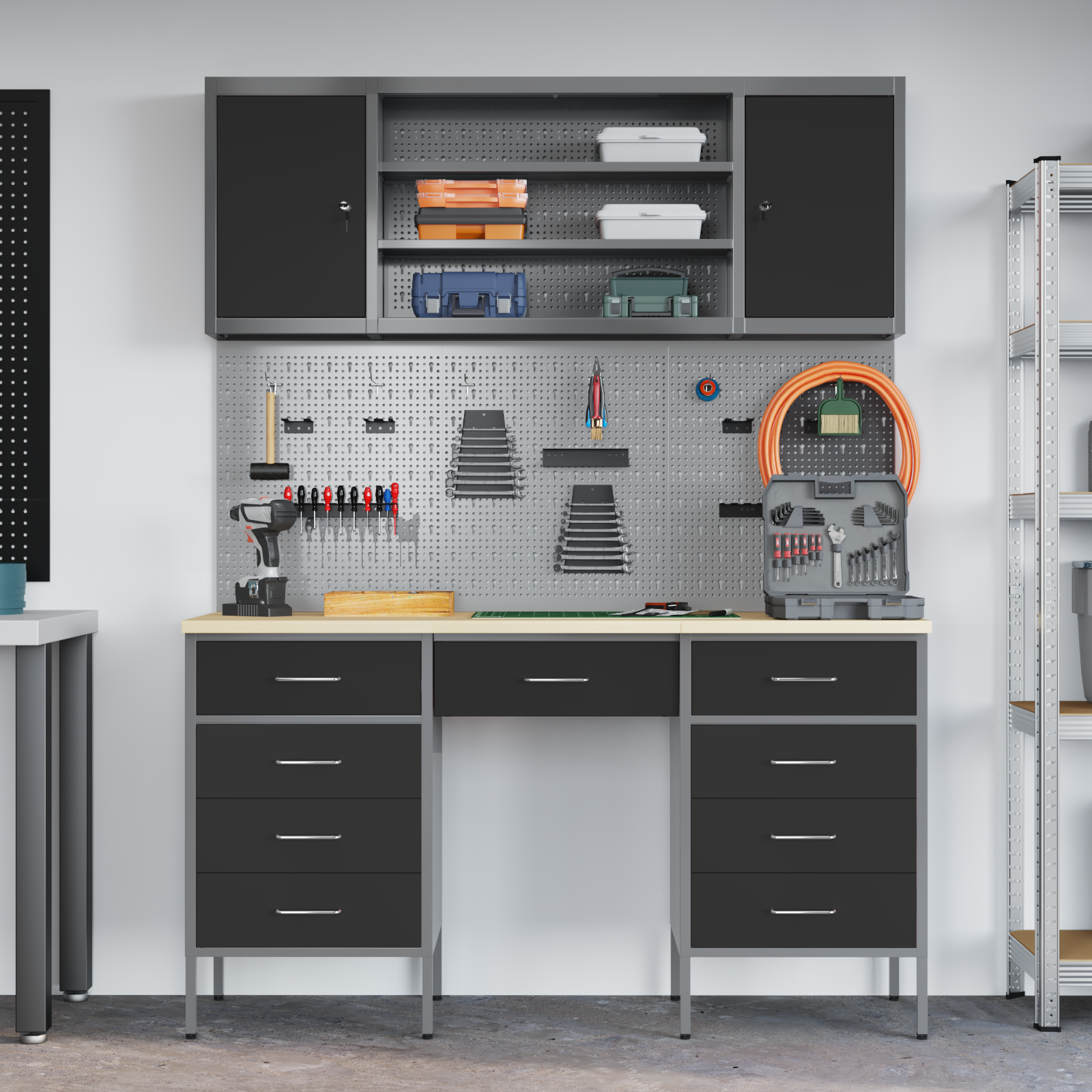 7-Piece Work Cabinet and Pegboard Set - Black MDF & Metal