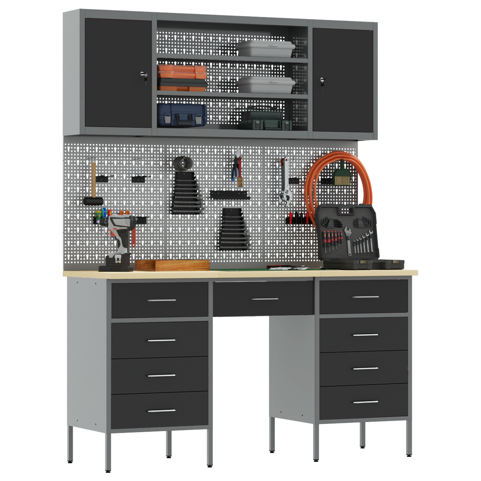7-Piece Work Cabinet and Pegboard Set - Black MDF & Metal - Image 3