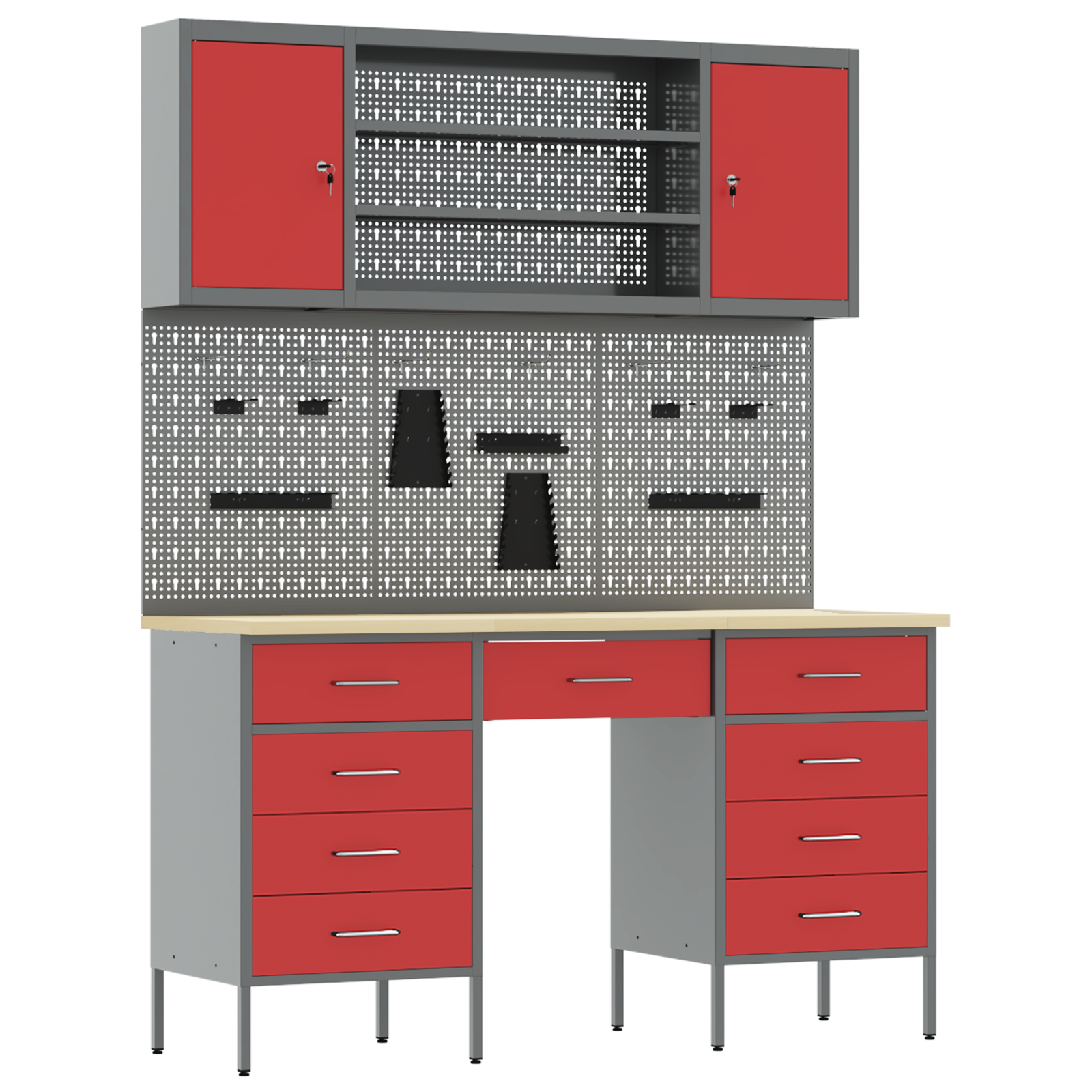 7-Piece Work Cabinet and Pegboard Set in Red MDF and Metal - Image 2