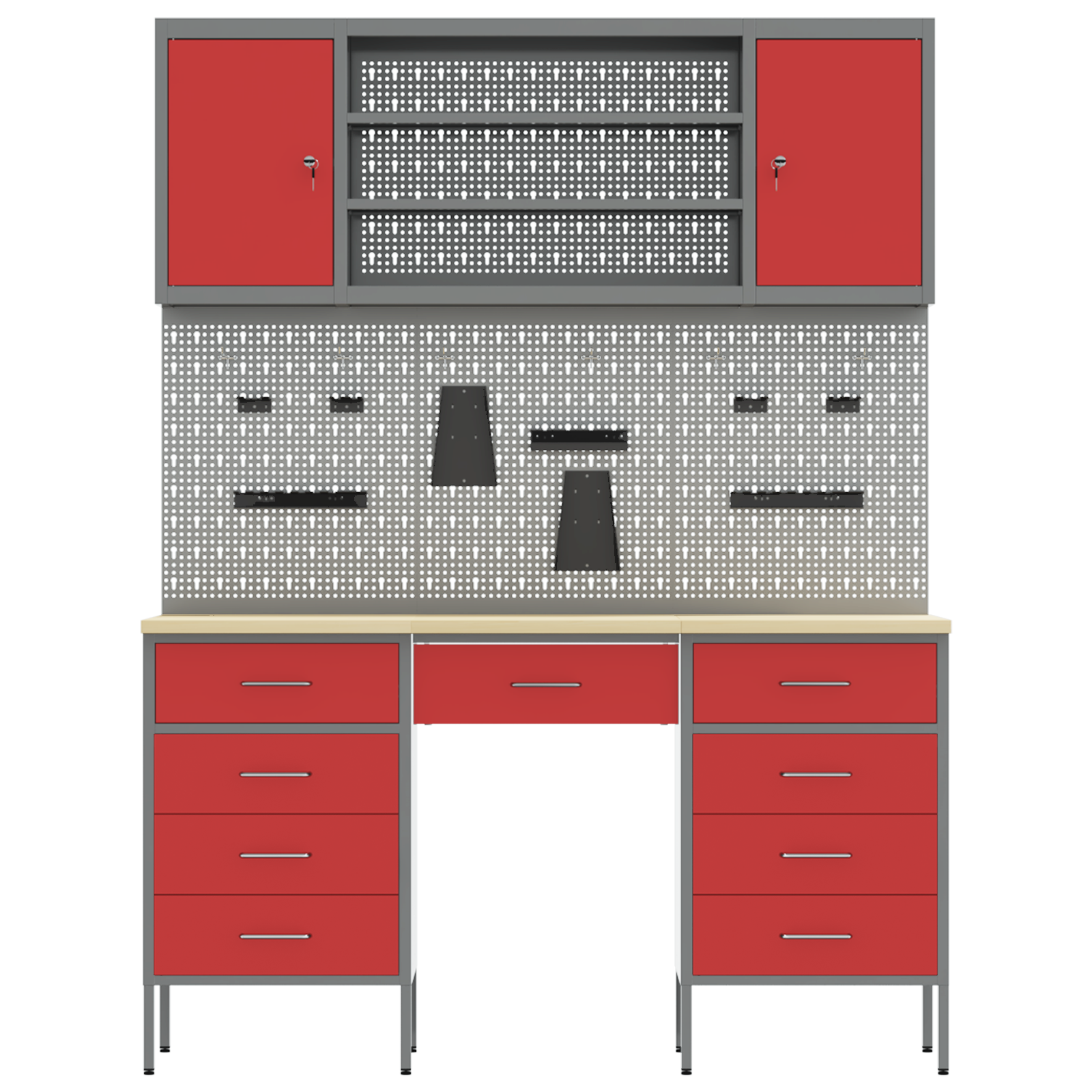 7-Piece Work Cabinet and Pegboard Set in Red MDF and Metal - Image 7
