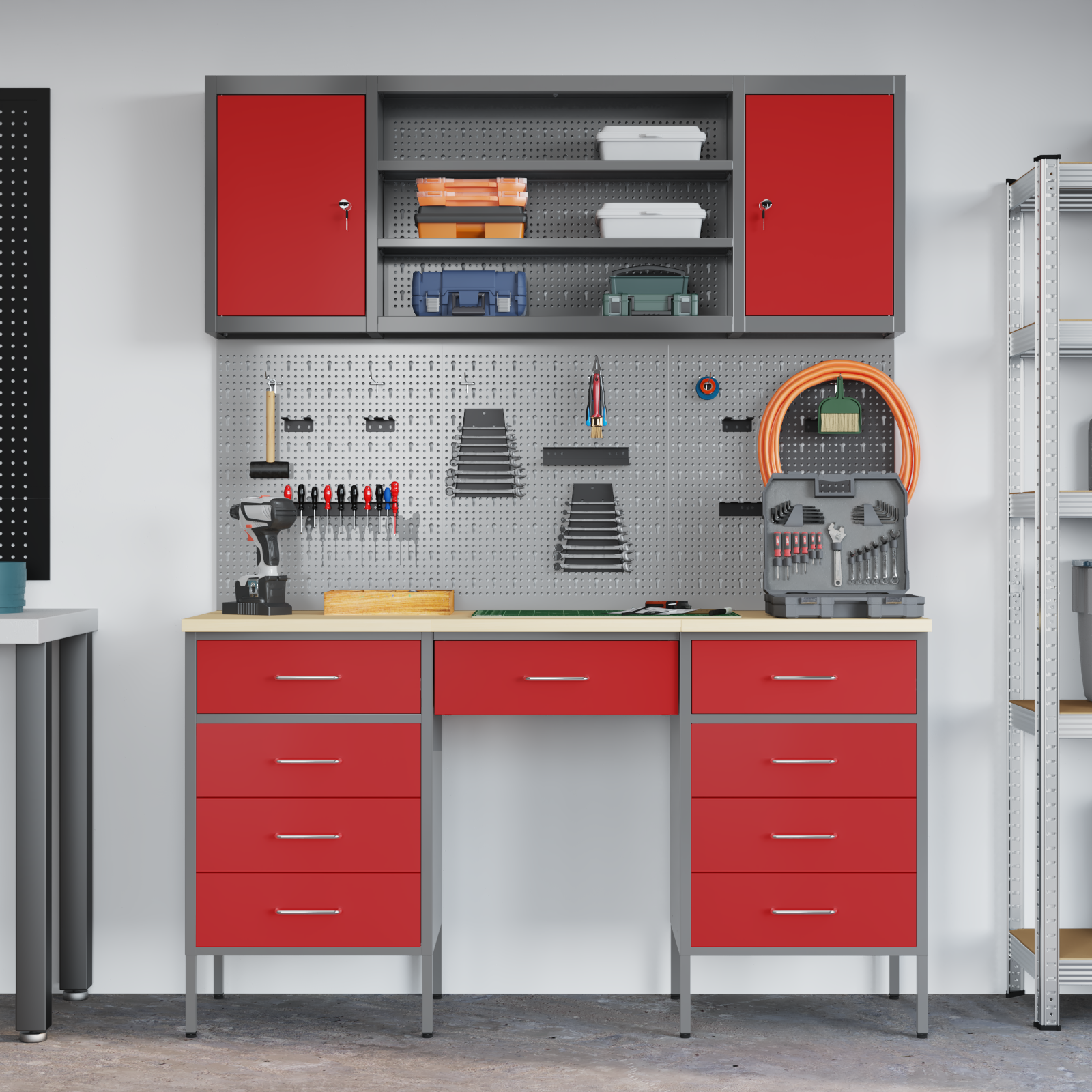 7-Piece Work Cabinet and Pegboard Set in Red MDF and Metal