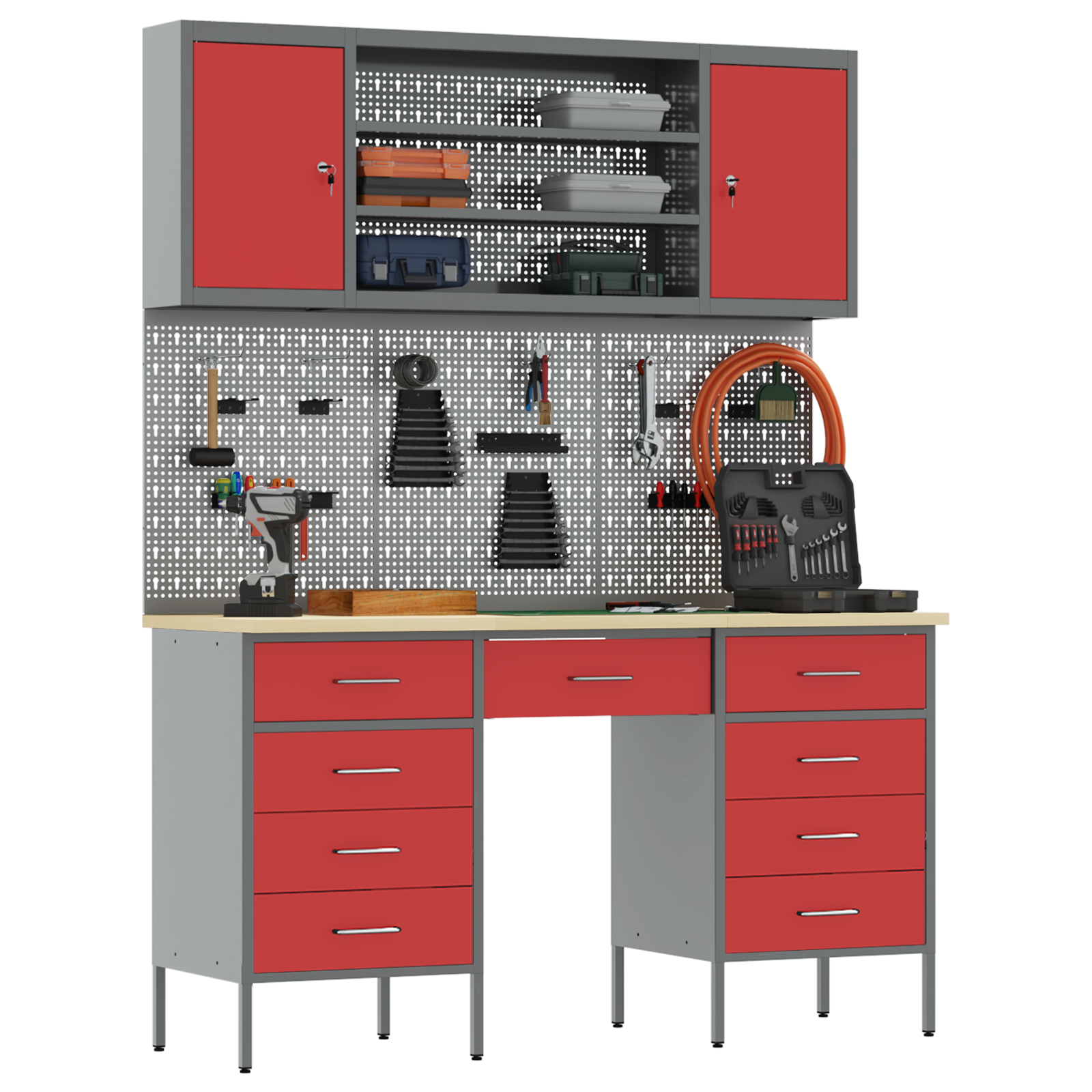 7-Piece Work Cabinet and Pegboard Set in Red MDF and Metal - Image 3