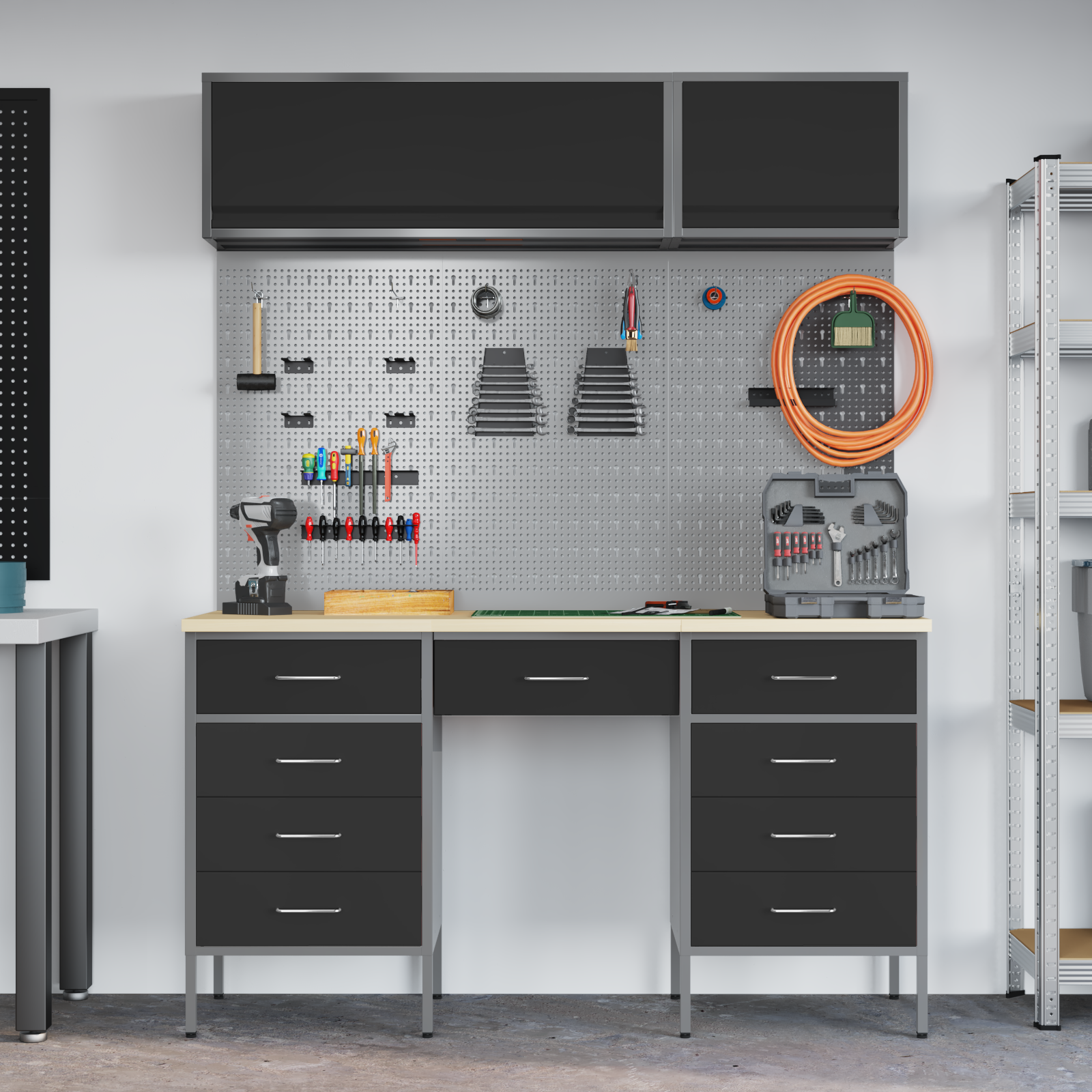 Set dulap lucru & panou cârlige, 8 piese, negru, MDF & metal 3321462 Set dulap lucru & panou cârlige, 8 piese, negru, MDF & metal 3321462 - imagine 1