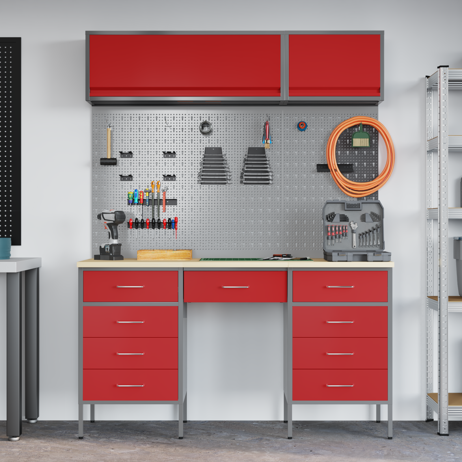 Set dulap lucru & panou cârlige, 8 piese, roșu, MDF & metal 3321463 Set dulap lucru & panou cârlige, 8 piese, roșu, MDF & metal 3321463 - imagine 1